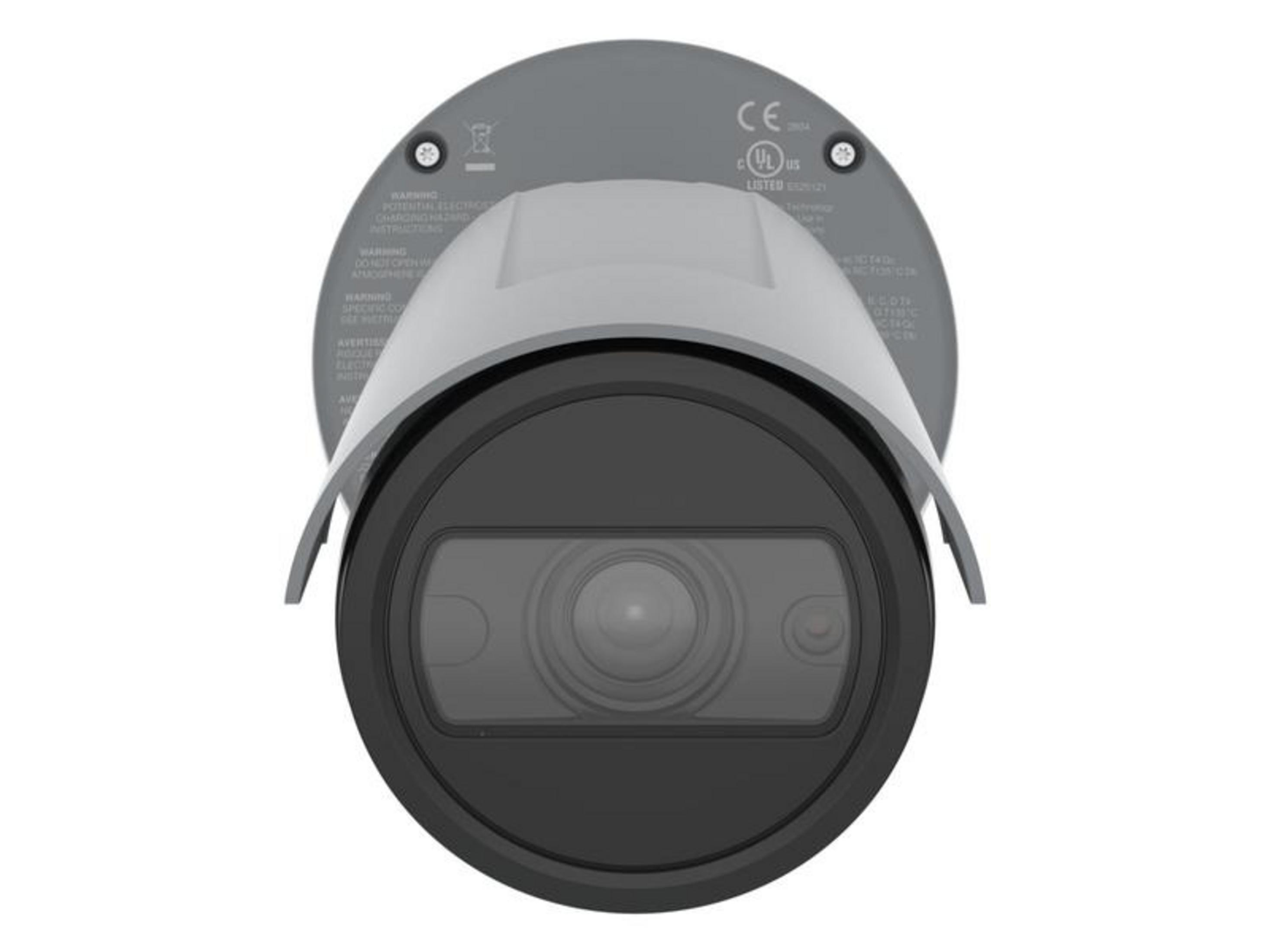 Szara kamera bezpieczeństwa z czarnym obiektywem i etykietami ostrzegawczymi.
