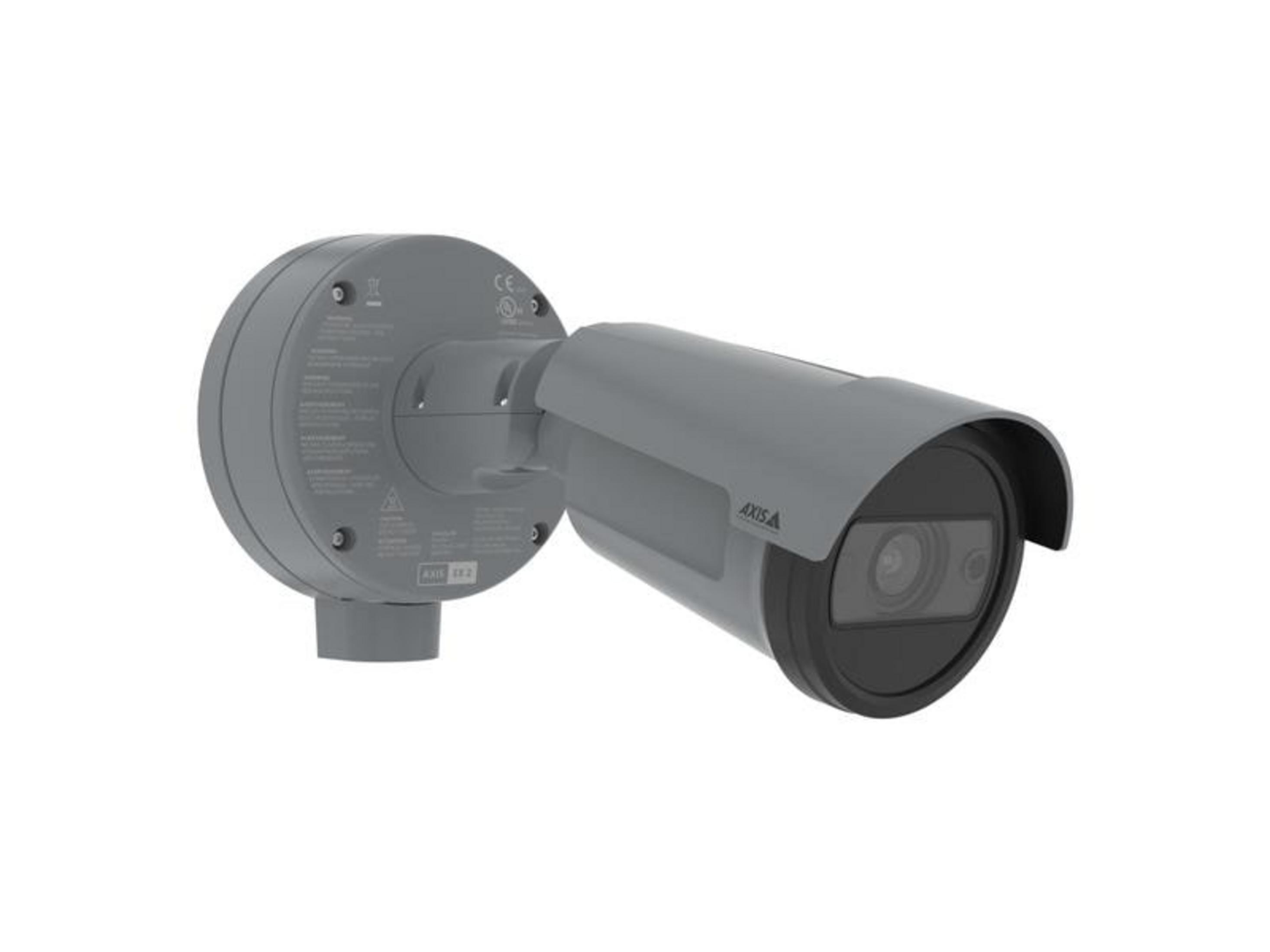 Szara kamera bezpieczeństwa z okrągłym mocowaniem i cylindrycznym korpusem.