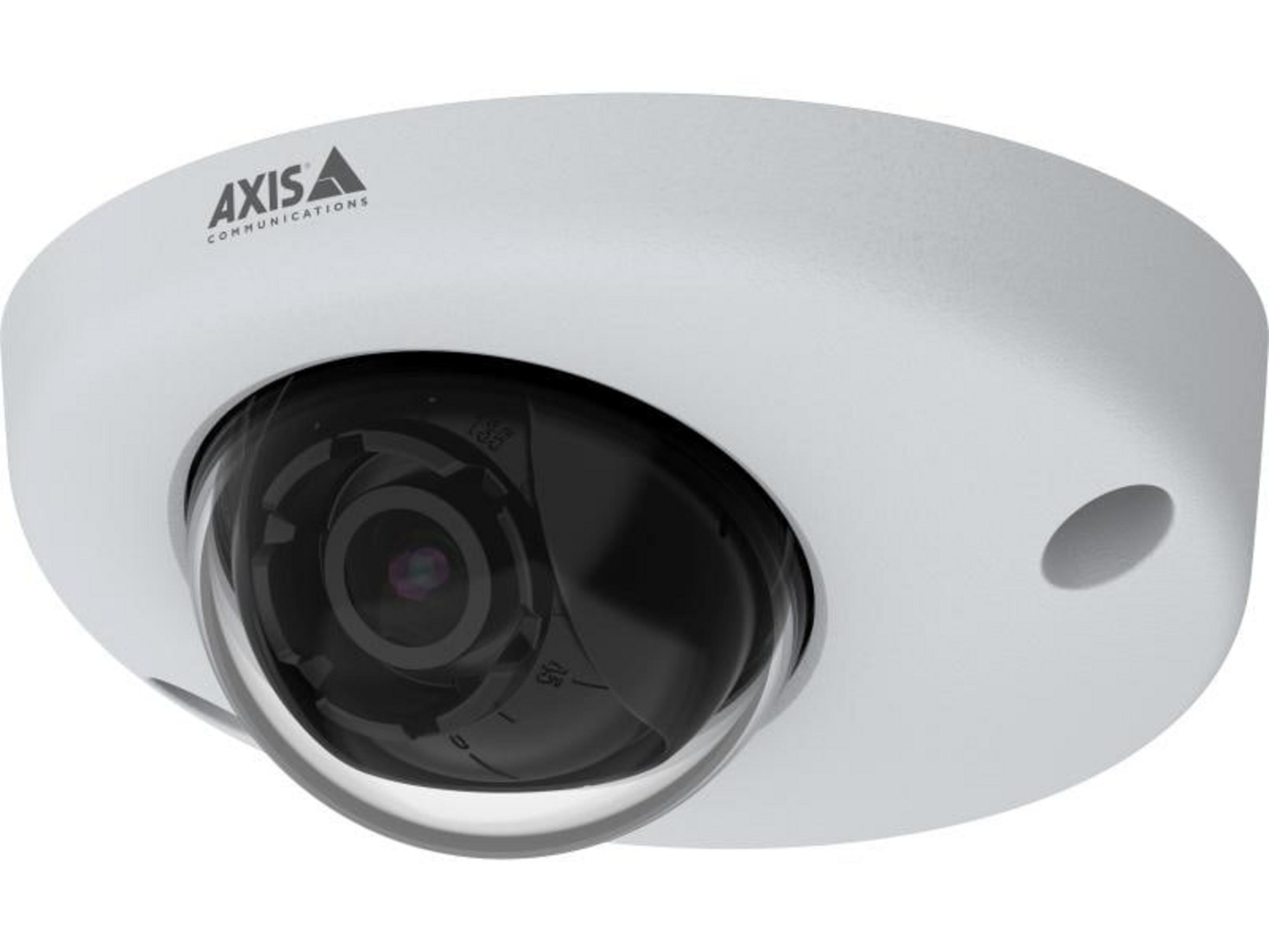 Una telecamera di sicurezza Axis bianca a cupola con obiettivo nero.