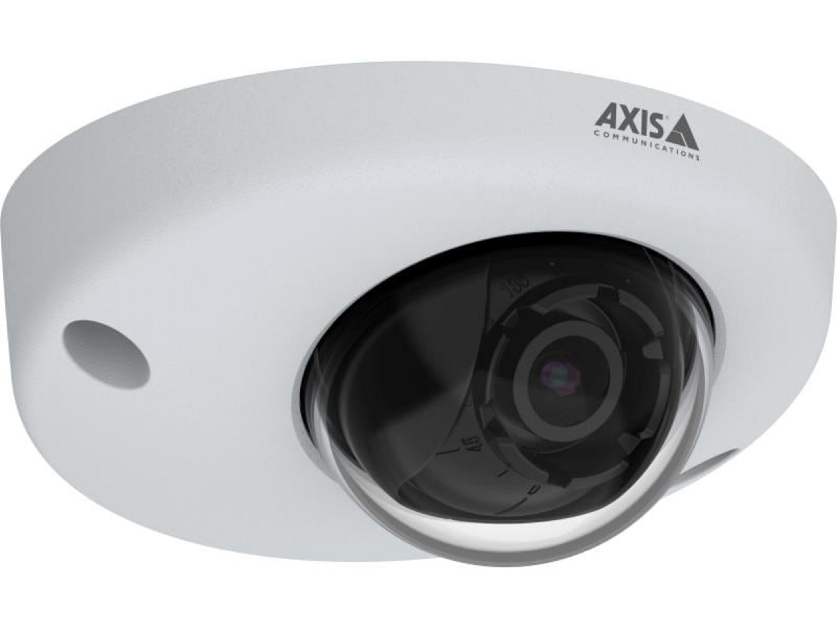 Telecamera di sicurezza dome bianca con lente nera e logo AXIS.