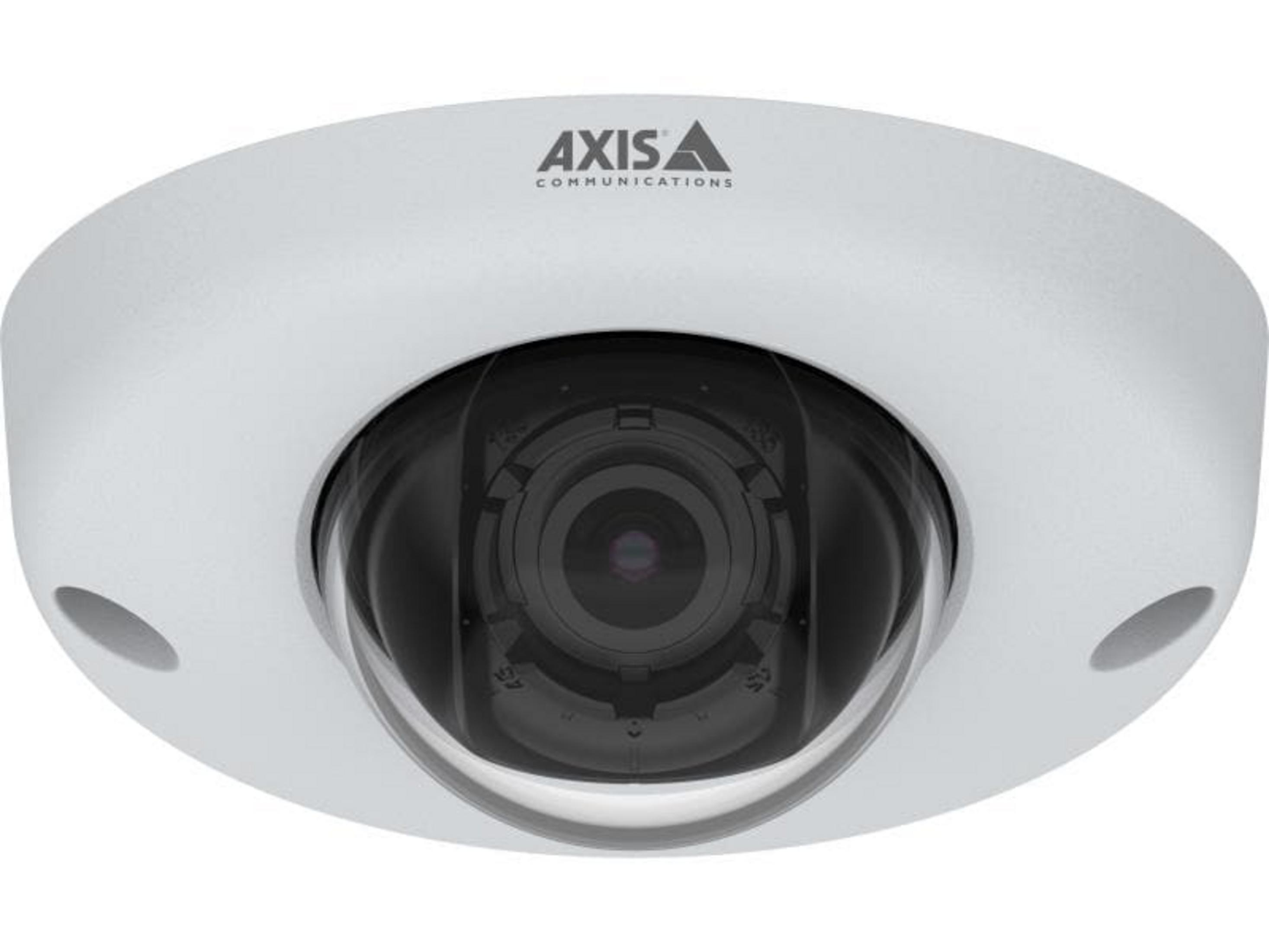 Una telecamera dome AXIS bianca con obiettivo.