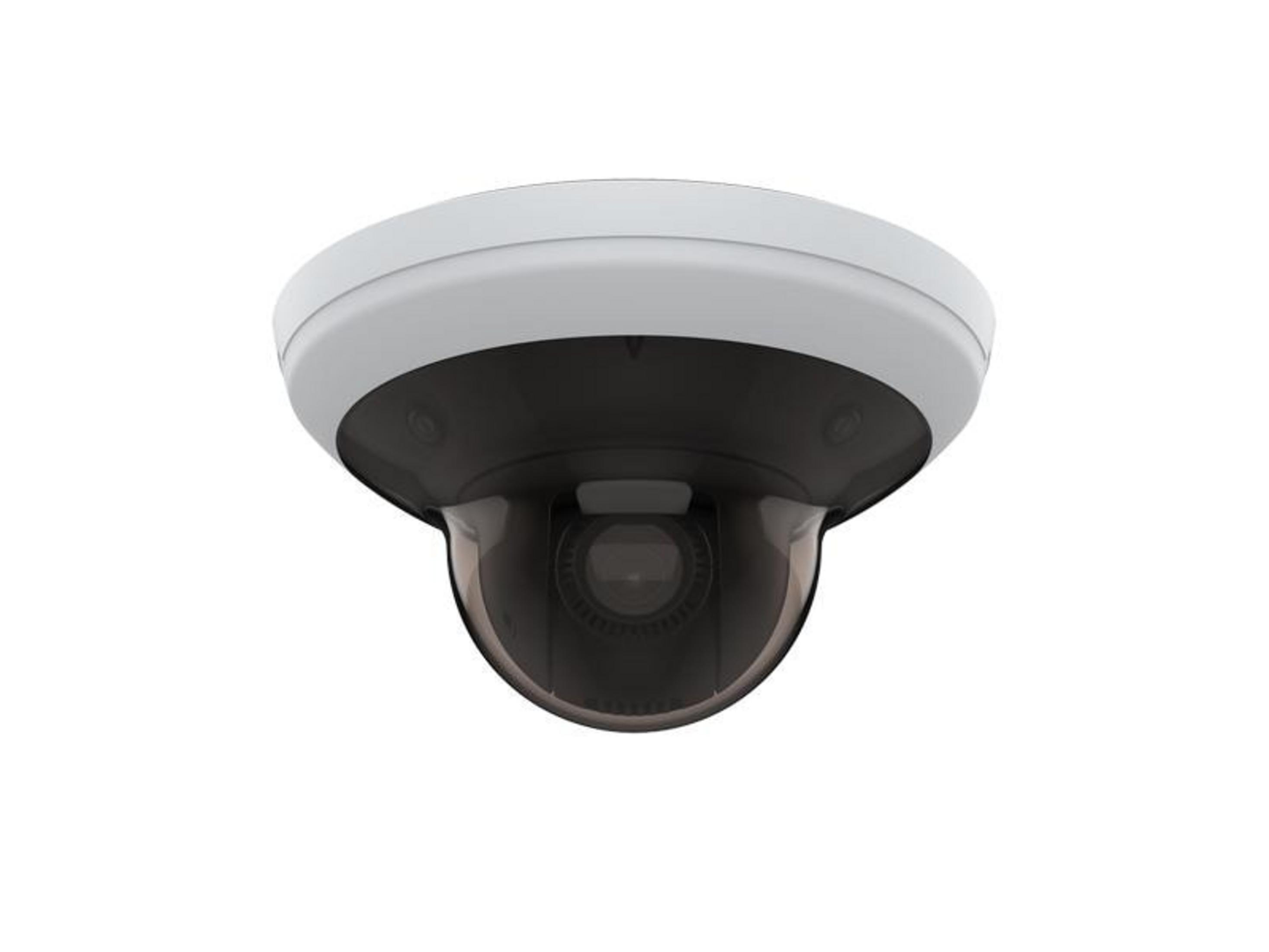 Biała kamera kopułkowa z ciemną soczewką na białym tle.