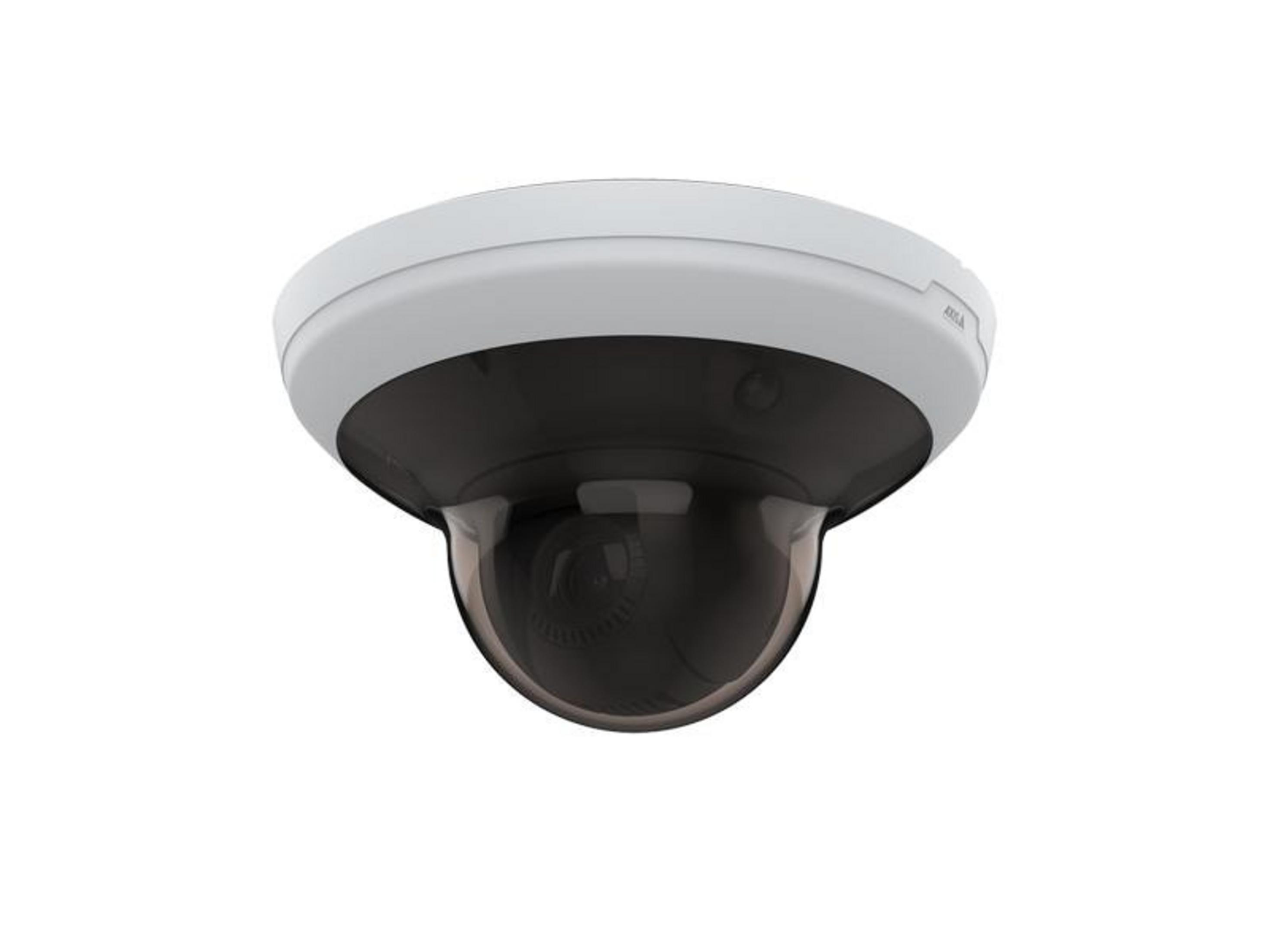Biała kamera kopułkowa z ciemną soczewką na białym tle.