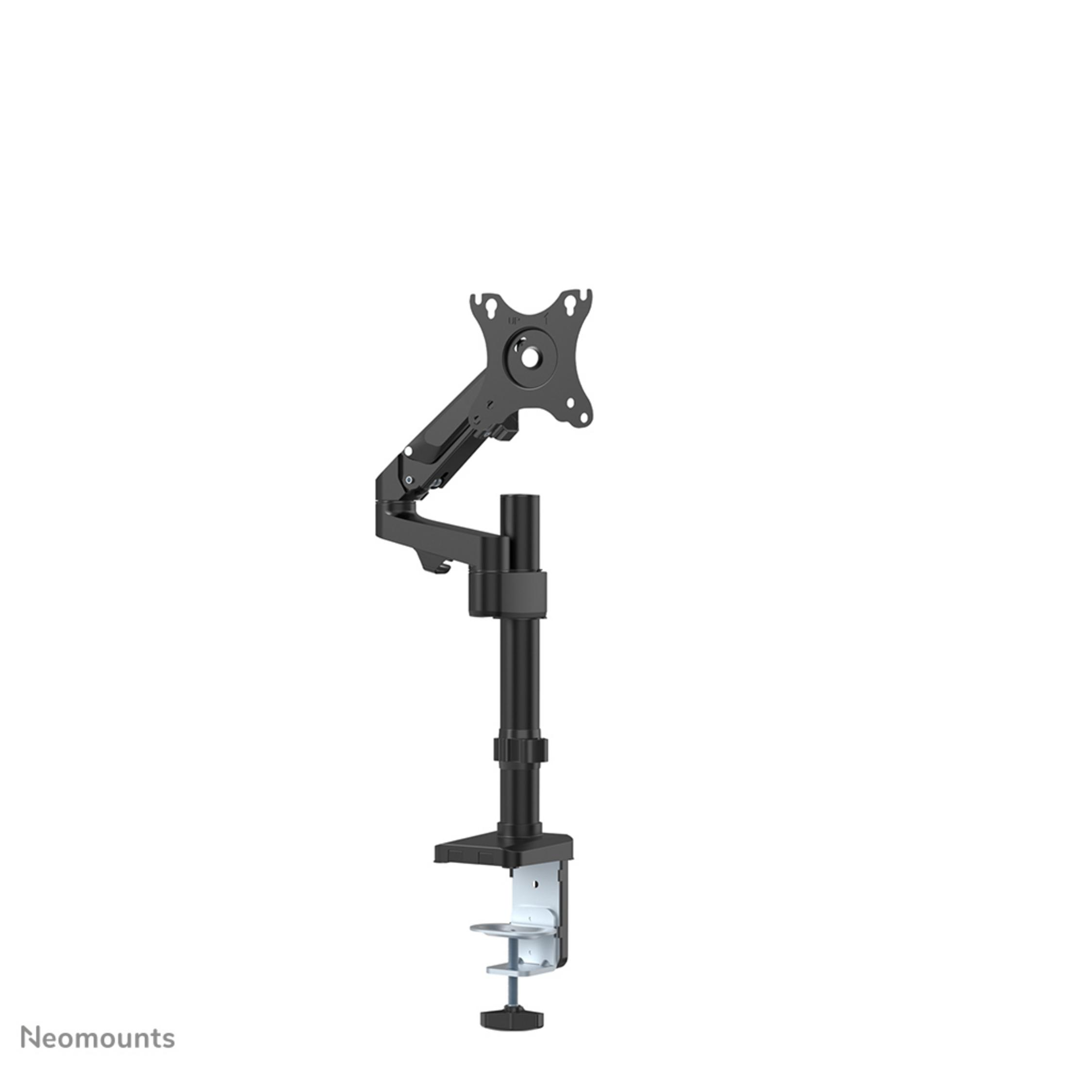 Black monitor arm with clamp base and adjustable articulated arm.