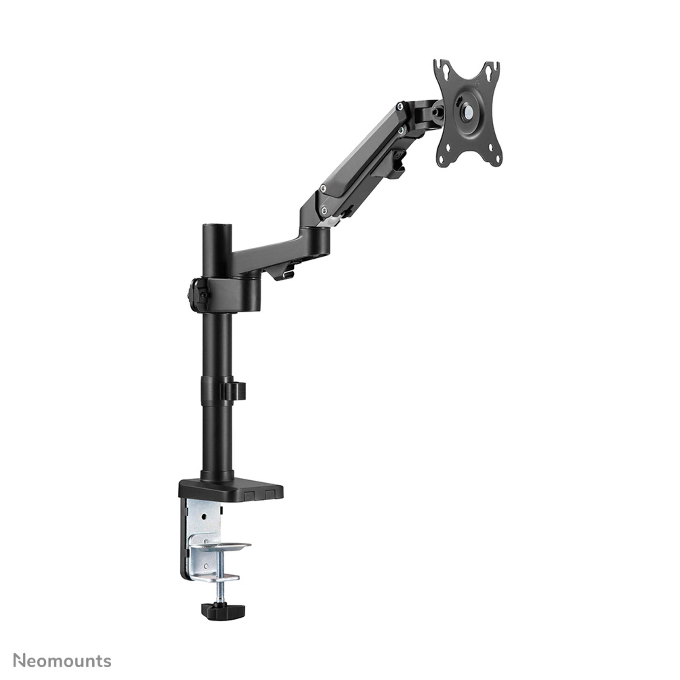 A black monitor arm with a clamp base and VESA mount, isolated.