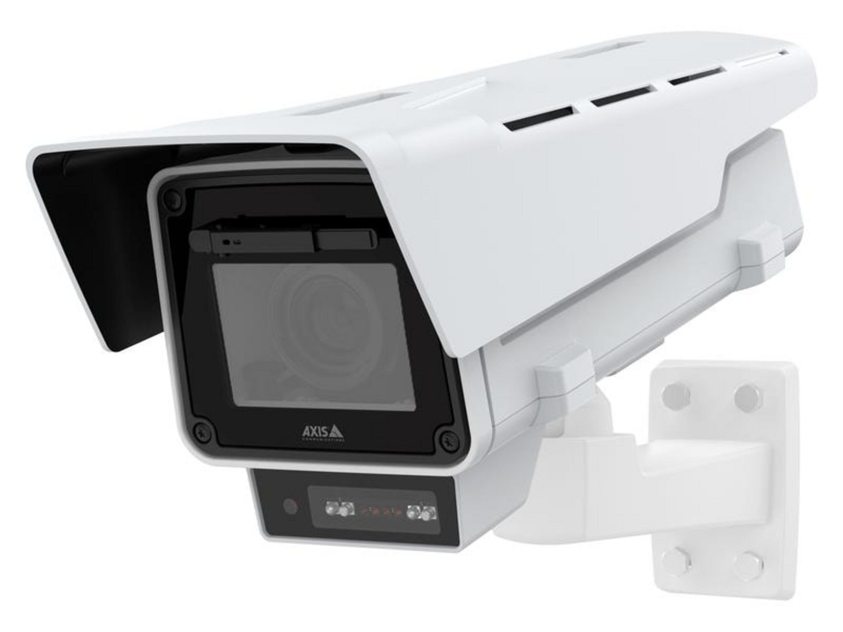 Biała kamera bezpieczeństwa z czarnym obiektywem i diodami IR.