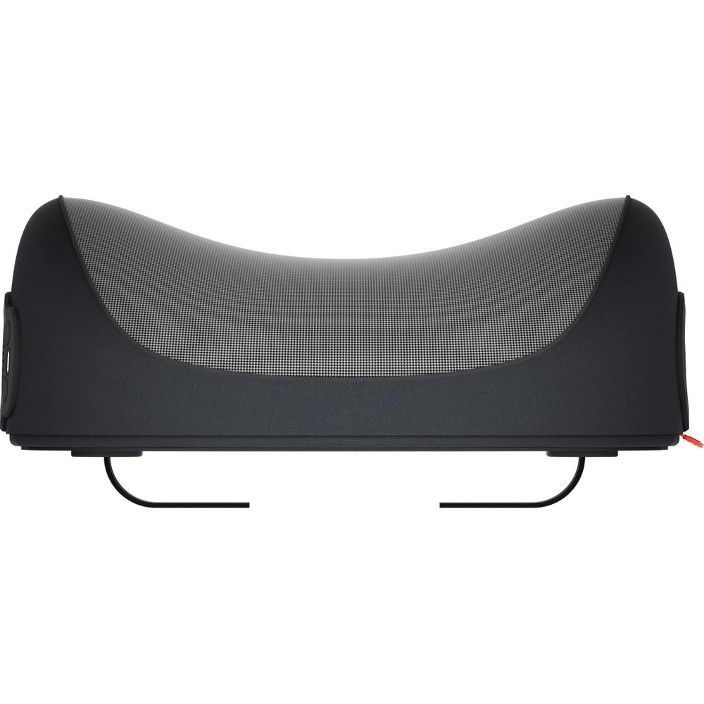 Ein schwarzes, ergonomisches Nackenkissen mit Netzoberfläche und Metallfüßen.