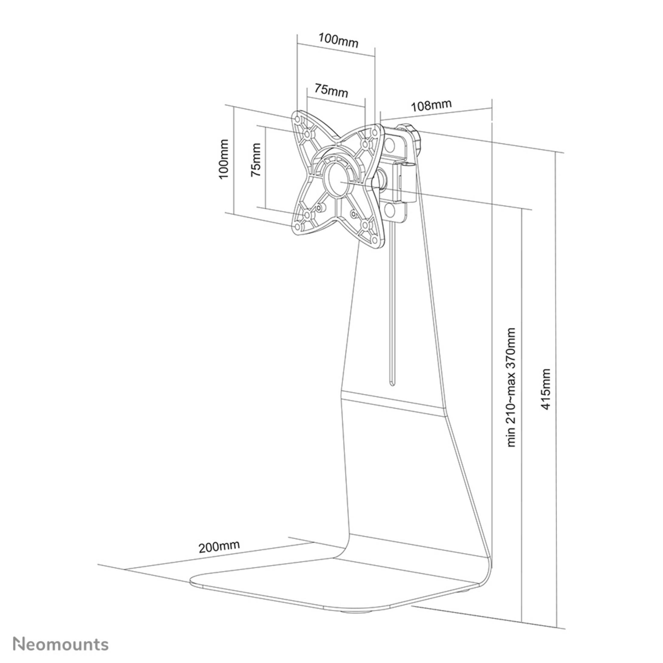 Technische tekening van een monitorbeugel met afmetingen.