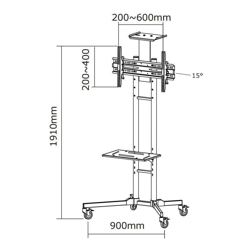 Supporto con ruote, dimensioni 1910x900mm, per TV 200-600x200-400mm.