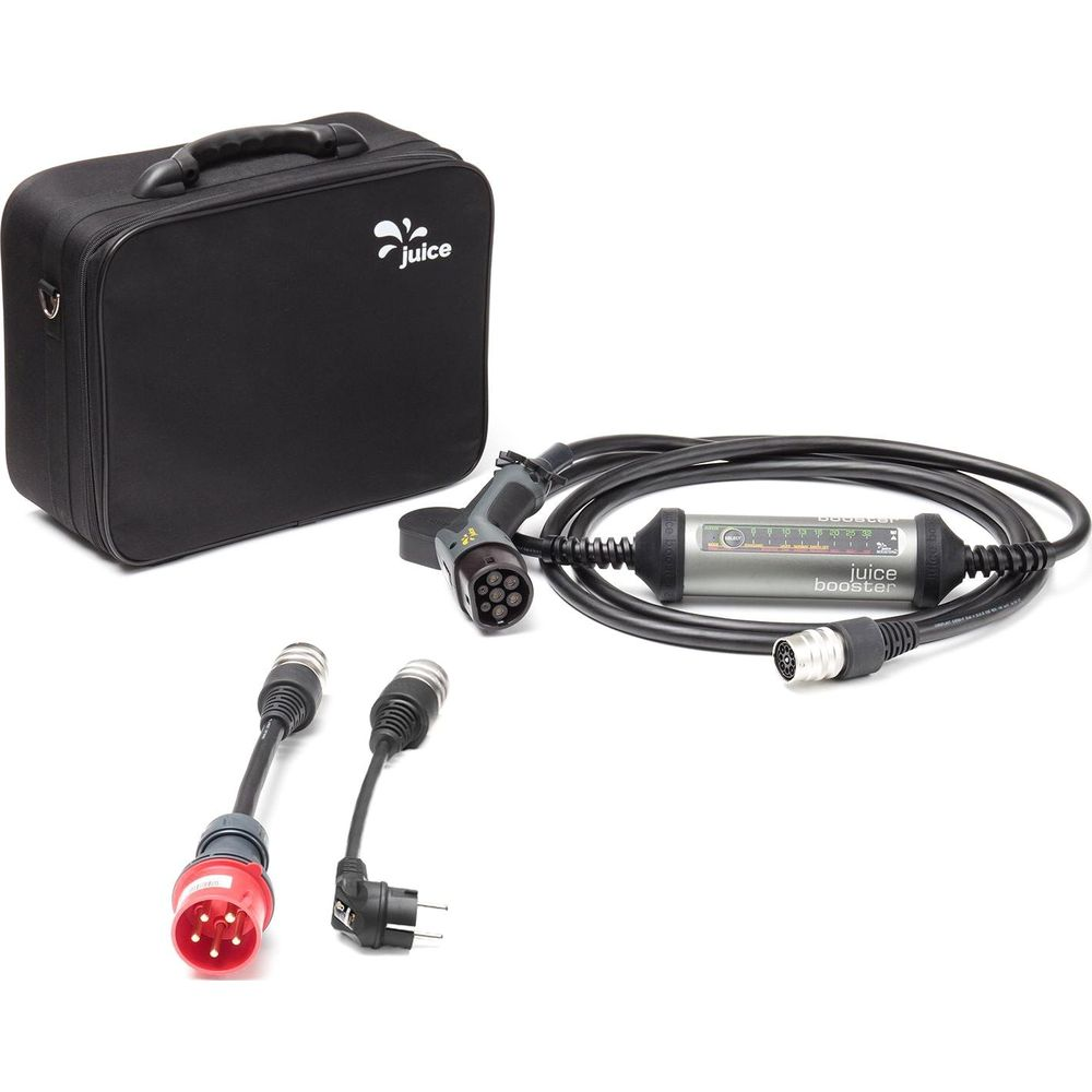 Schwarze Tasche mit Juice Booster, Kabel und Adaptern.