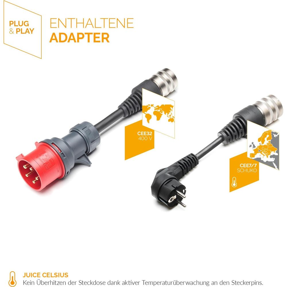 Zwei elektrische Adapterkabel mit verschiedenen Steckern und einer Weltkarte.