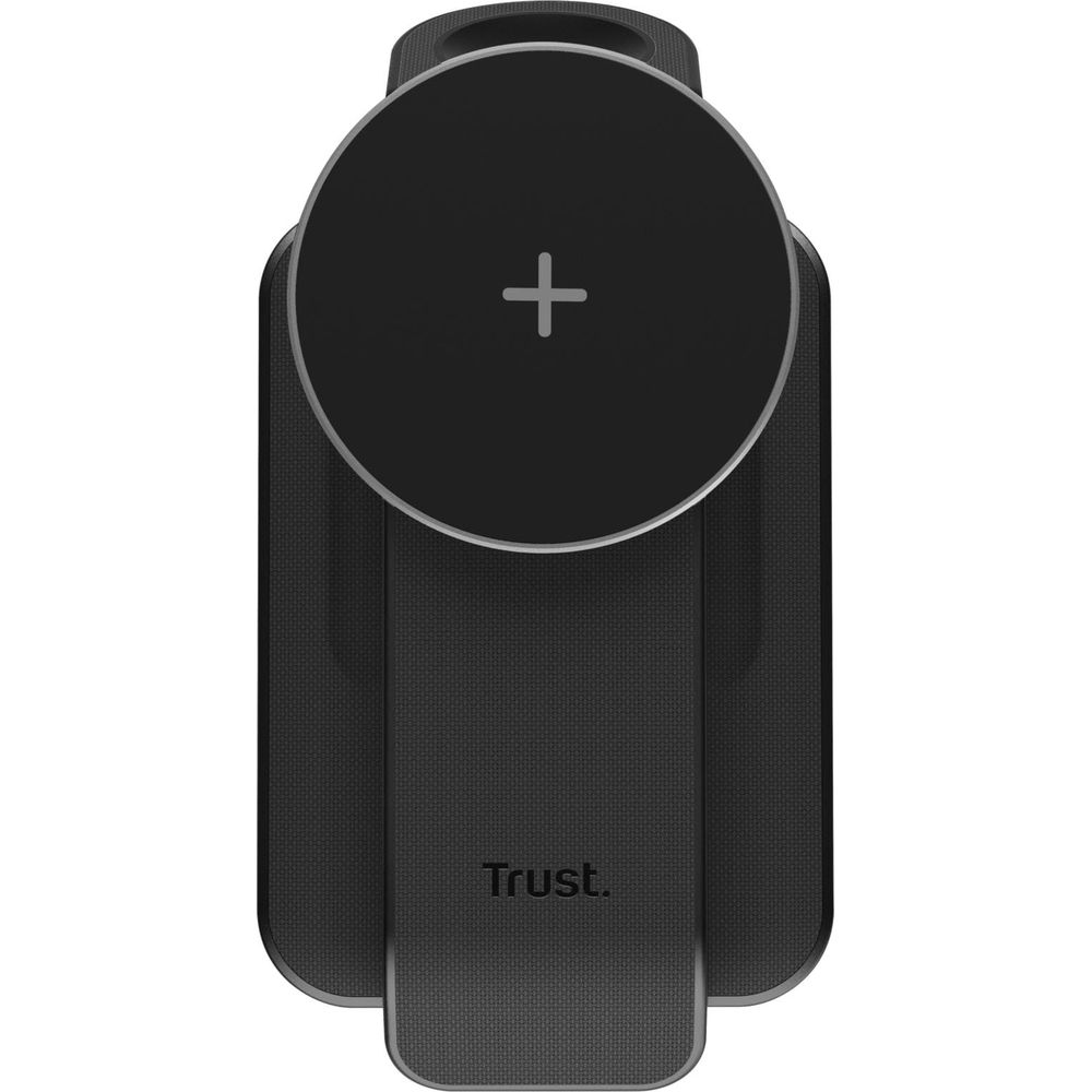 Caricatore wireless nero con segno più su pad circolare.