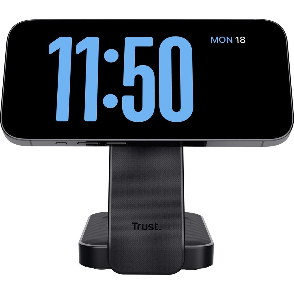 Una sveglia digitale nera mostra le 11:50 in blu e LUN 18, su un supporto.