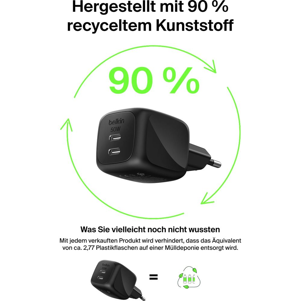 Un caricatore Belkin nero da 50W, realizzato con il 90% di plastica riciclata.