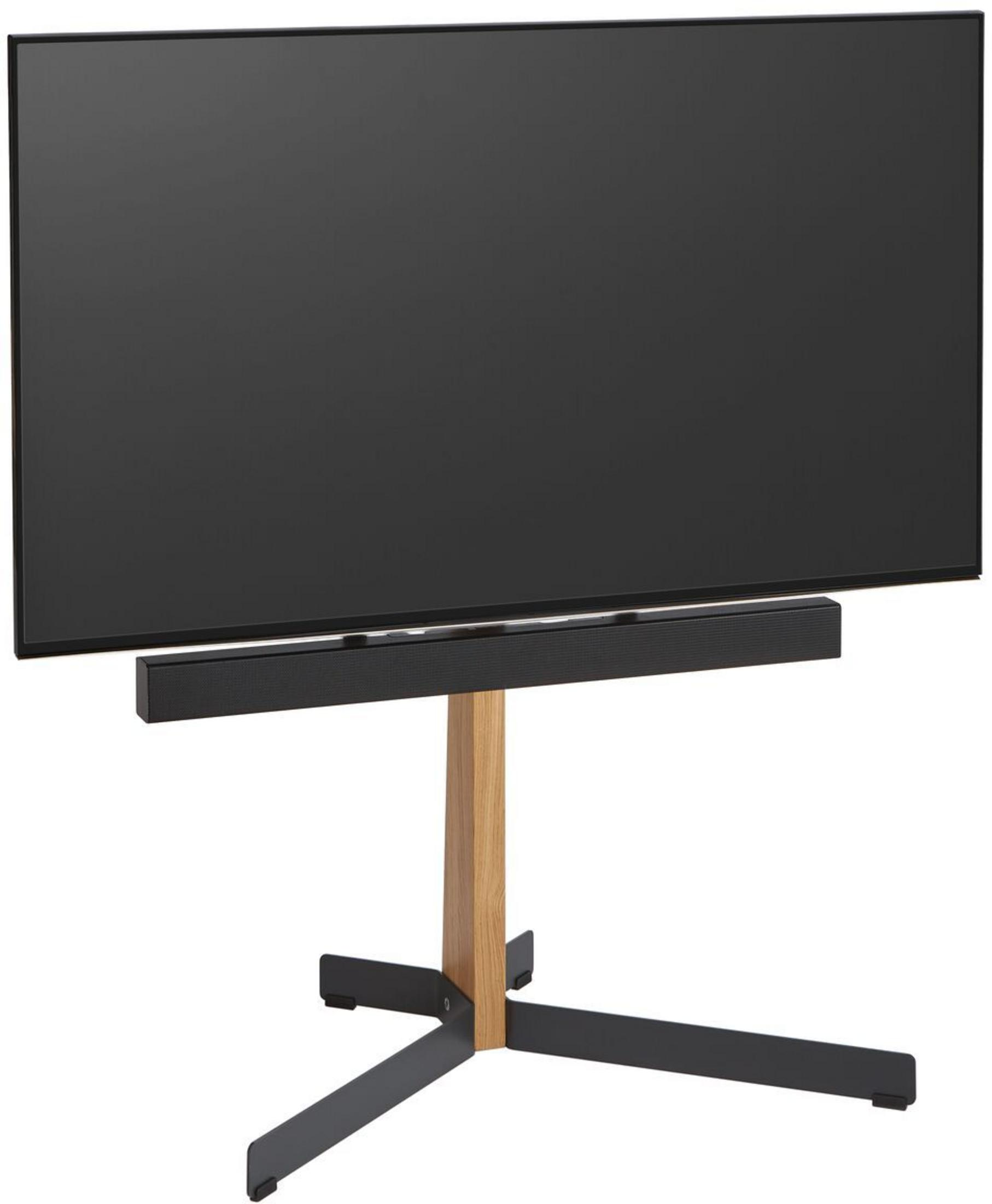 Czarny telewizor na drewniano-metalowym stojaku z soundbarem.