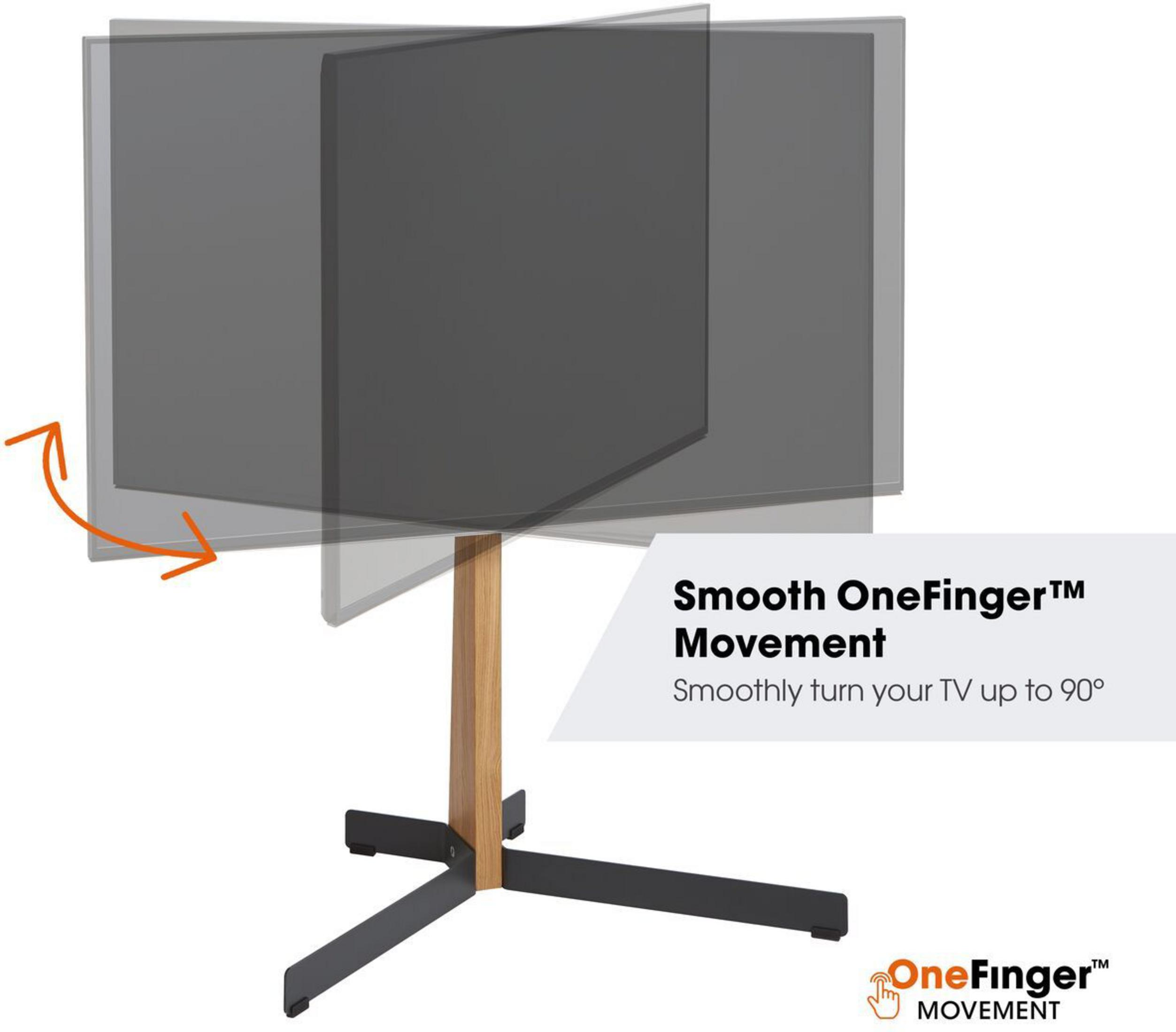 Telewizor na drewnianym stojaku z czarną podstawą, obracany o 90 stopni.