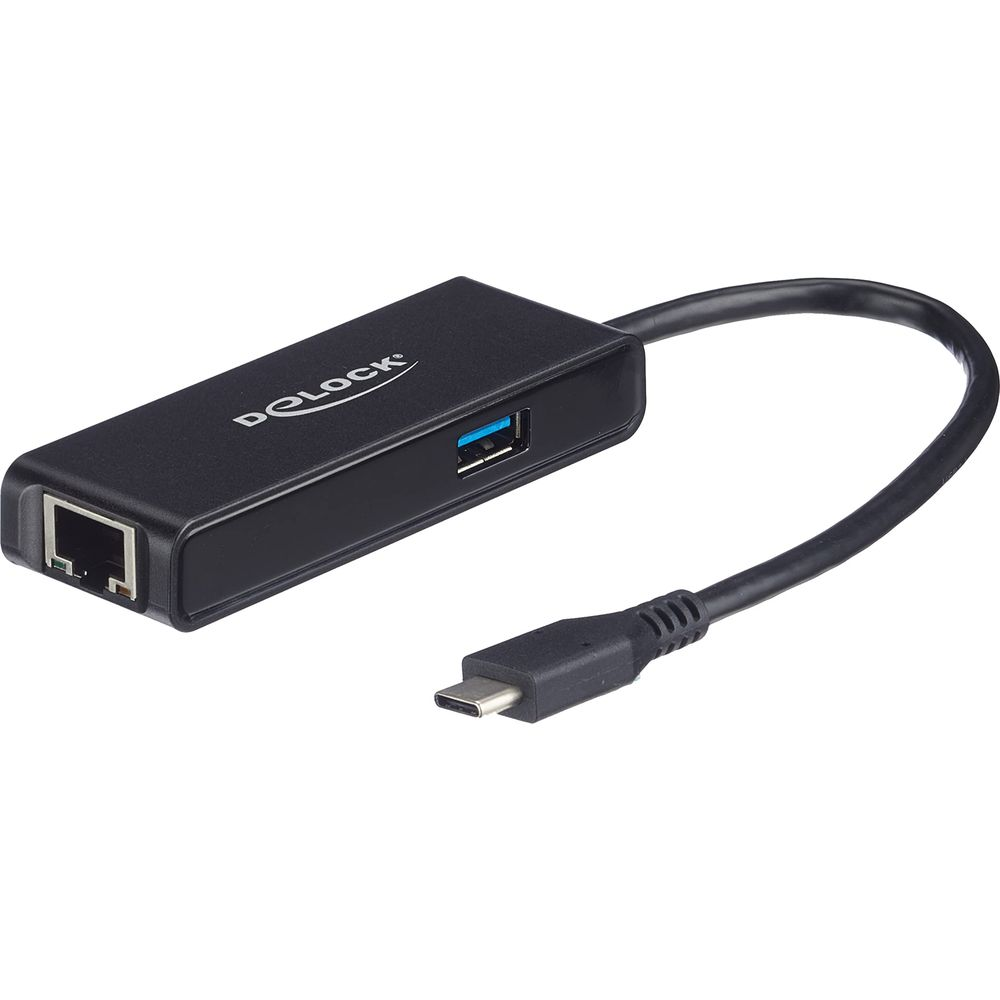 Hub USB-C negro con puerto Ethernet y USB-A y cable adjunto.