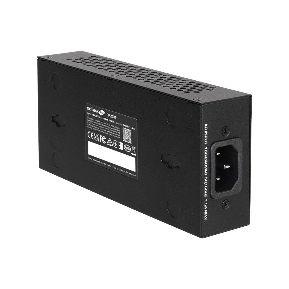 Czarny zasilacz z otworami wentylacyjnymi i złączem wejściowym AC.