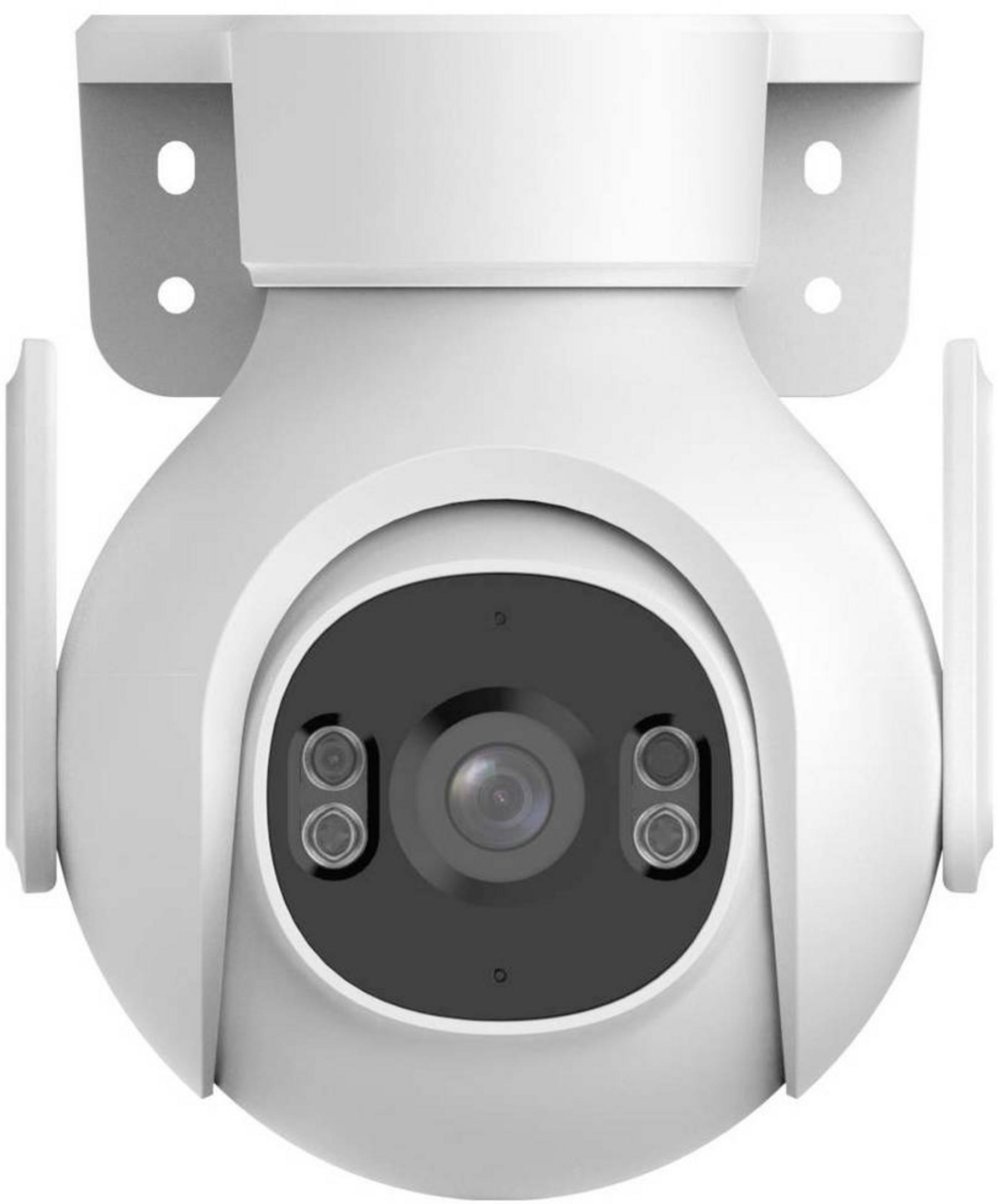 Caméra de sécurité blanche avec deux antennes, un grand objectif et deux lumières.