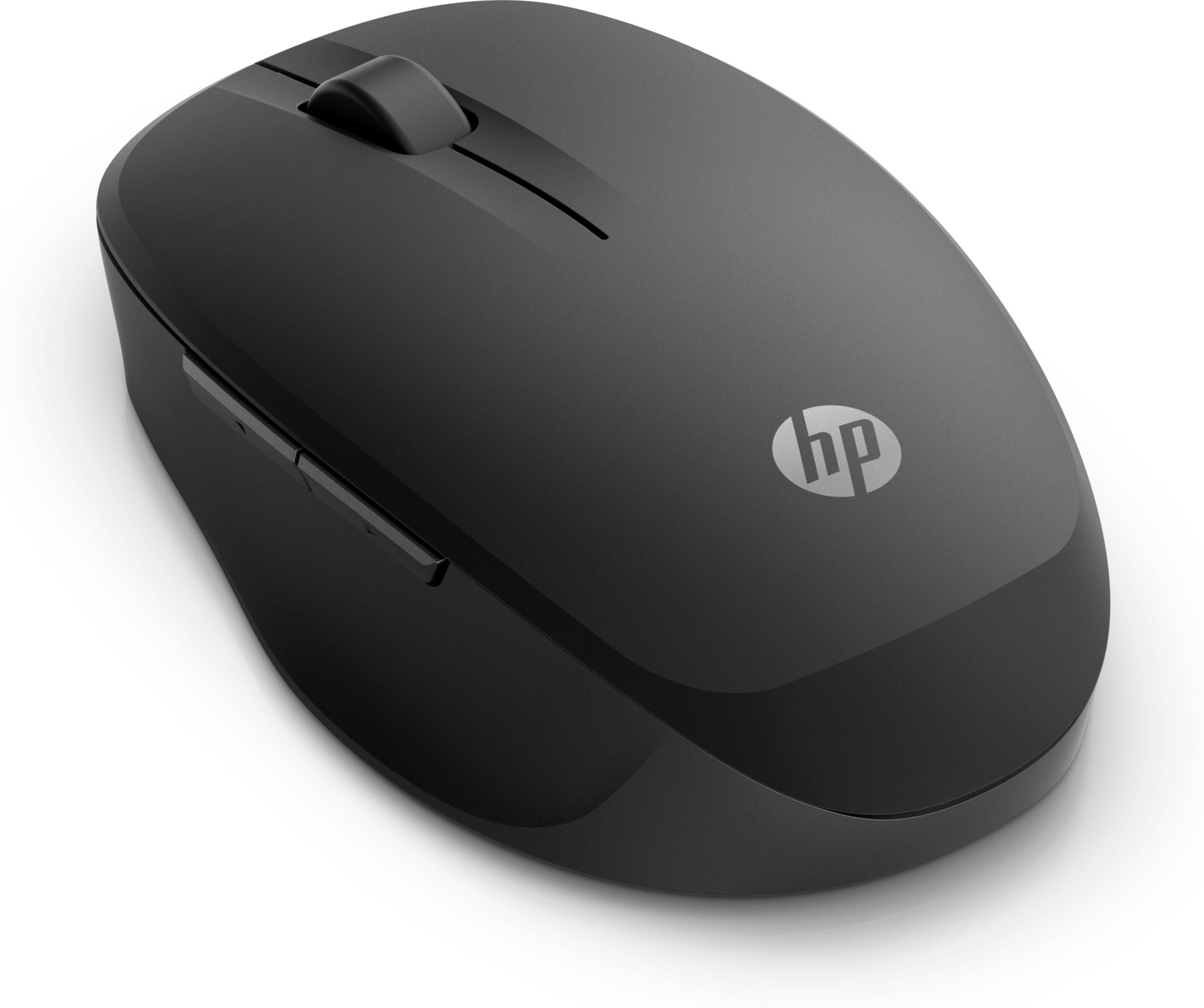 Schwarze HP-Funkmaus mit Scrollrad und Seitentasten, auf weißem Hintergrund.