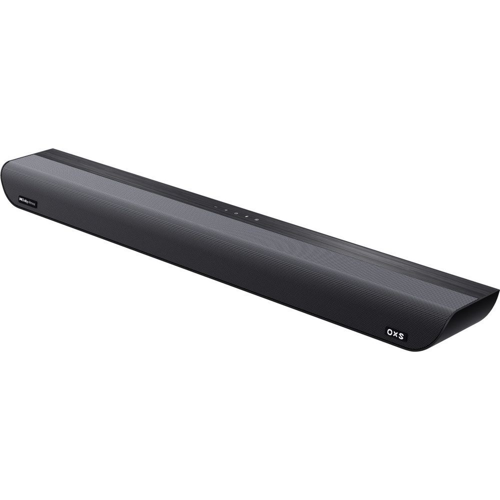 Une barre de son noire et longue avec Dolby Atmos et logo OXS.