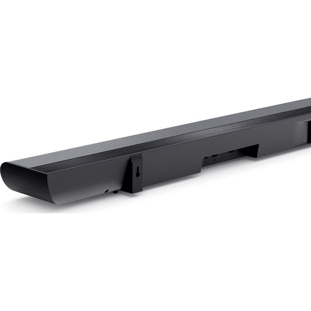 Une barre de son noire avec une grille texturée sur le dessus et des ports visibles à l'arrière.