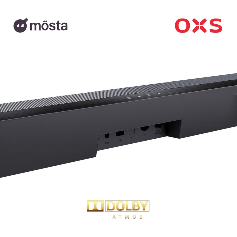 Barre de son noire avec ports et logo Dolby Atmos.