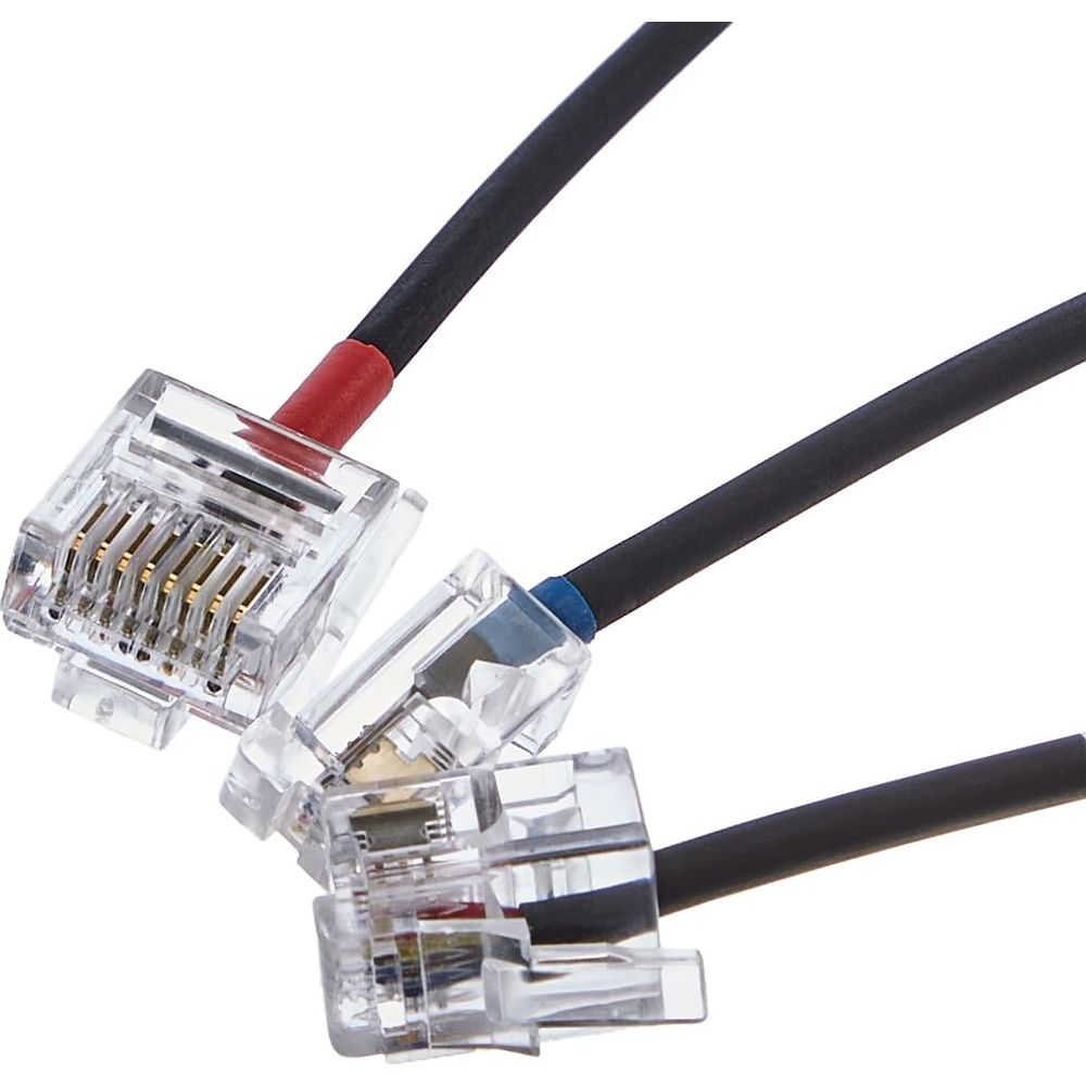 Tre connettori RJ11 trasparenti con cavi neri, marcati rosso e blu.
