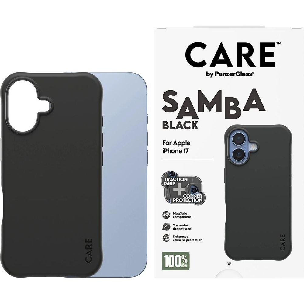 iPhone 17 için siyah CARE telefon kılıfı, MagSafe ve köşe korumalı.