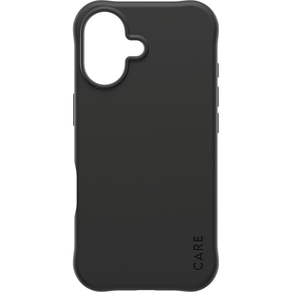 Kamera kesimli ve CARE yazılı siyah telefon kılıfı.