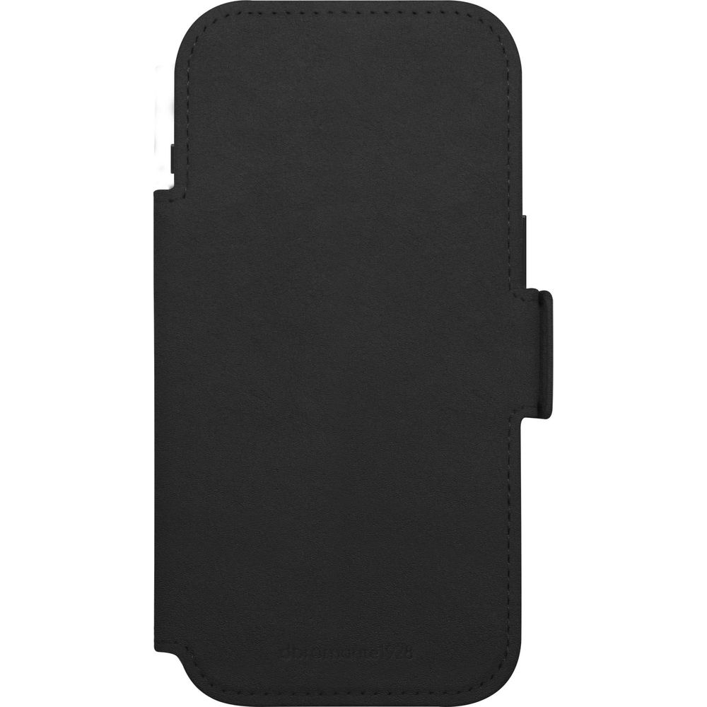 Custodia nera in pelle per smartphone, chiusa, con cuciture.