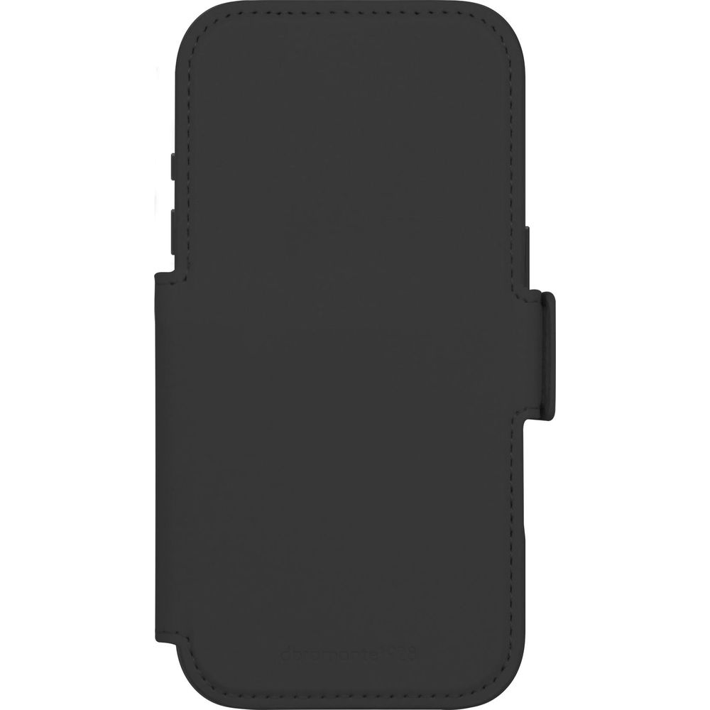 Custodia a libro in pelle nera per telefono con cuciture e chiusura.