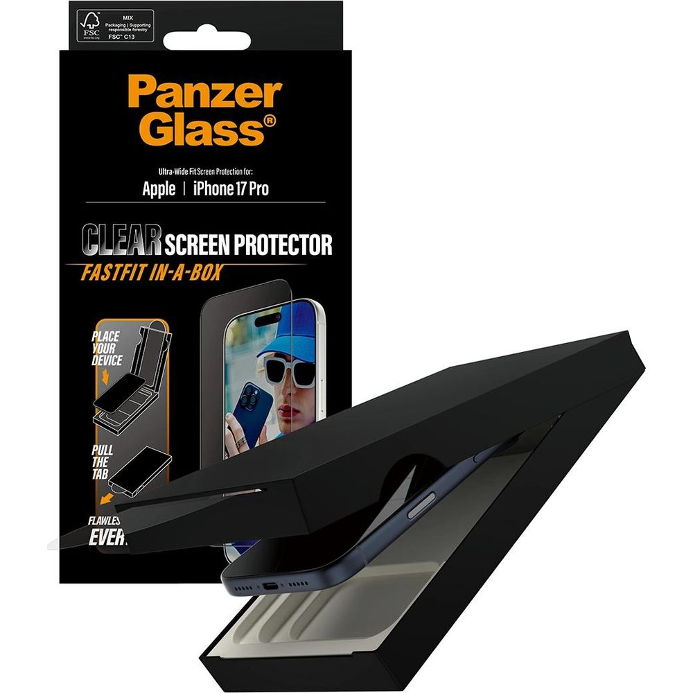 iPhone 17 Pro için Panzer Glass ekran koruyucu kutusu, kurulum kılavuzuyla.