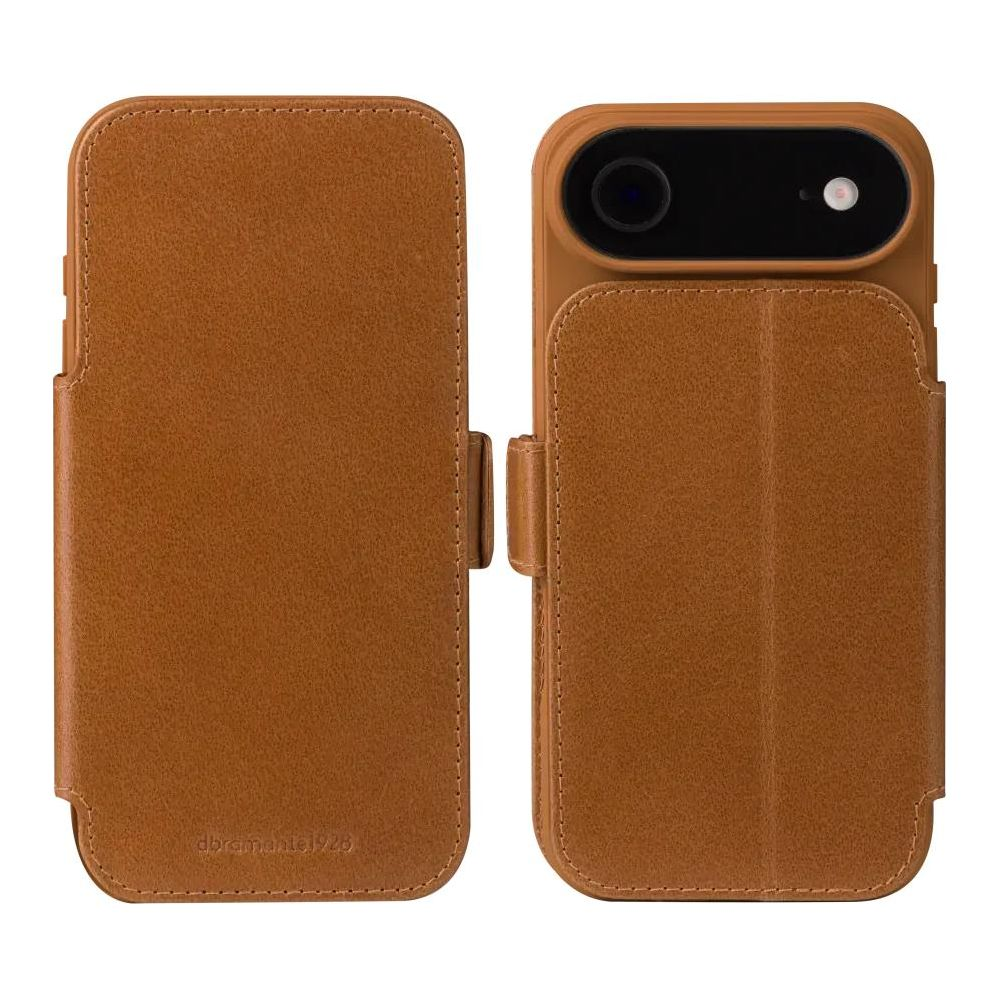 Custodia in pelle marrone per iPhone, aperta con telefono e vista fotocamera.