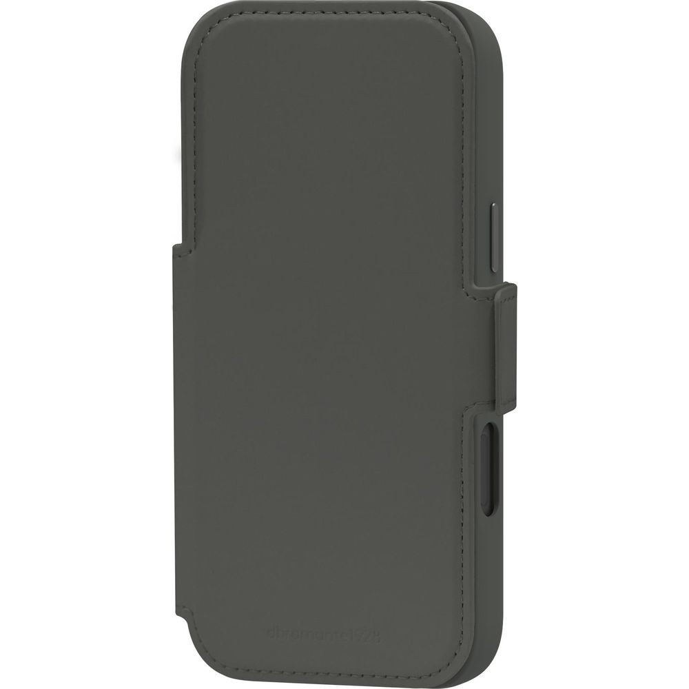 Custodia a libro in pelle grigio scuro per smartphone, chiusa.