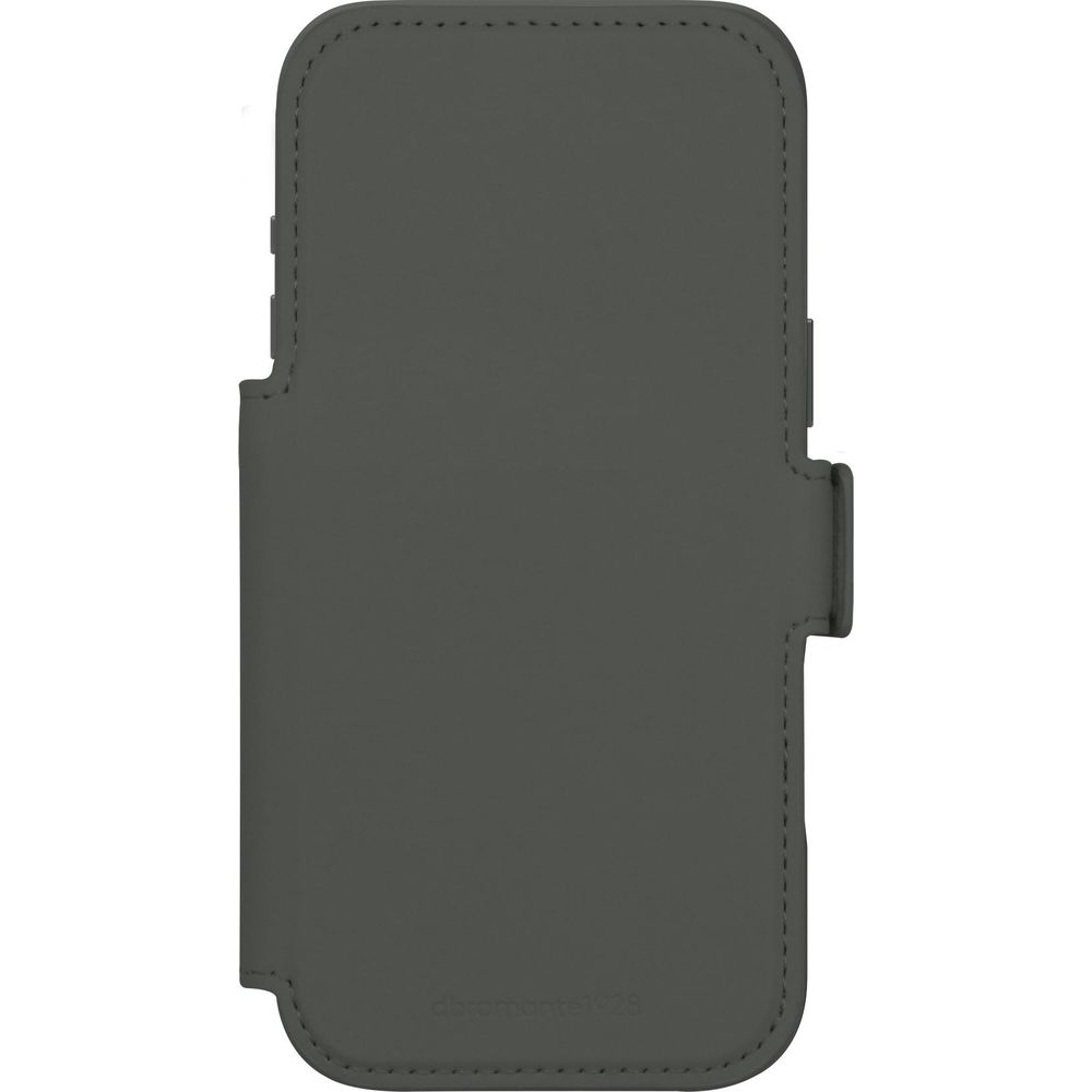 Custodia per smartphone chiusa grigio scuro con cuciture e linguetta di chiusura.