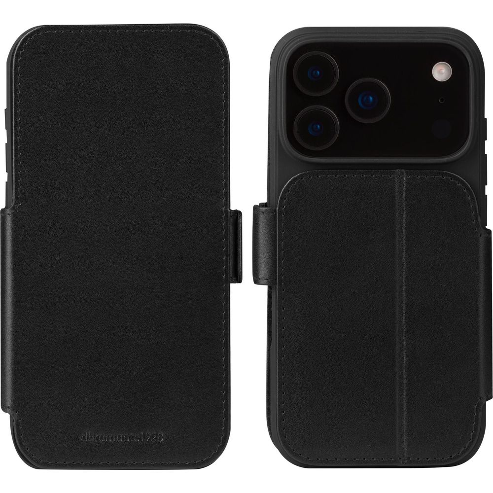 Custodia in pelle nera con ritaglio fotocamera per smartphone.
