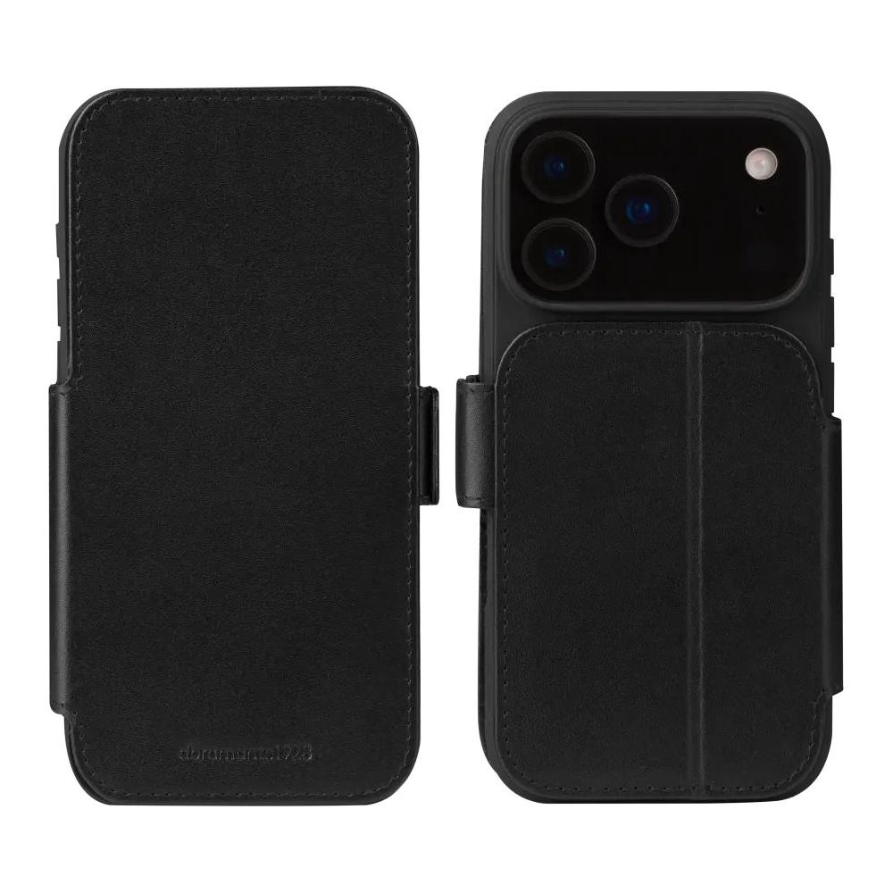 Custodia nera per iPhone, aperta e chiusa, con tre obiettivi della fotocamera.