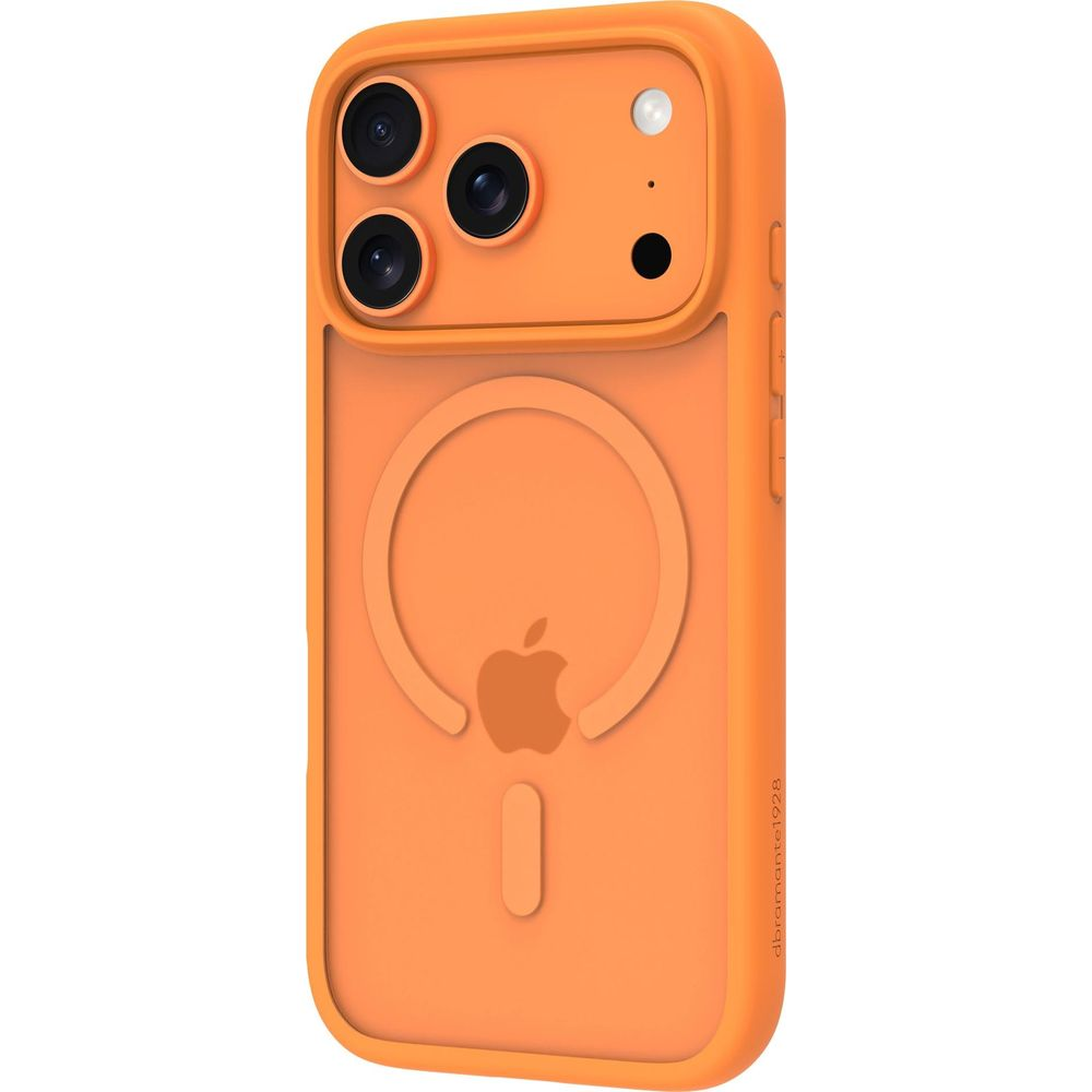 Custodia arancione con obiettivi della fotocamera e logo Apple su sfondo bianco.