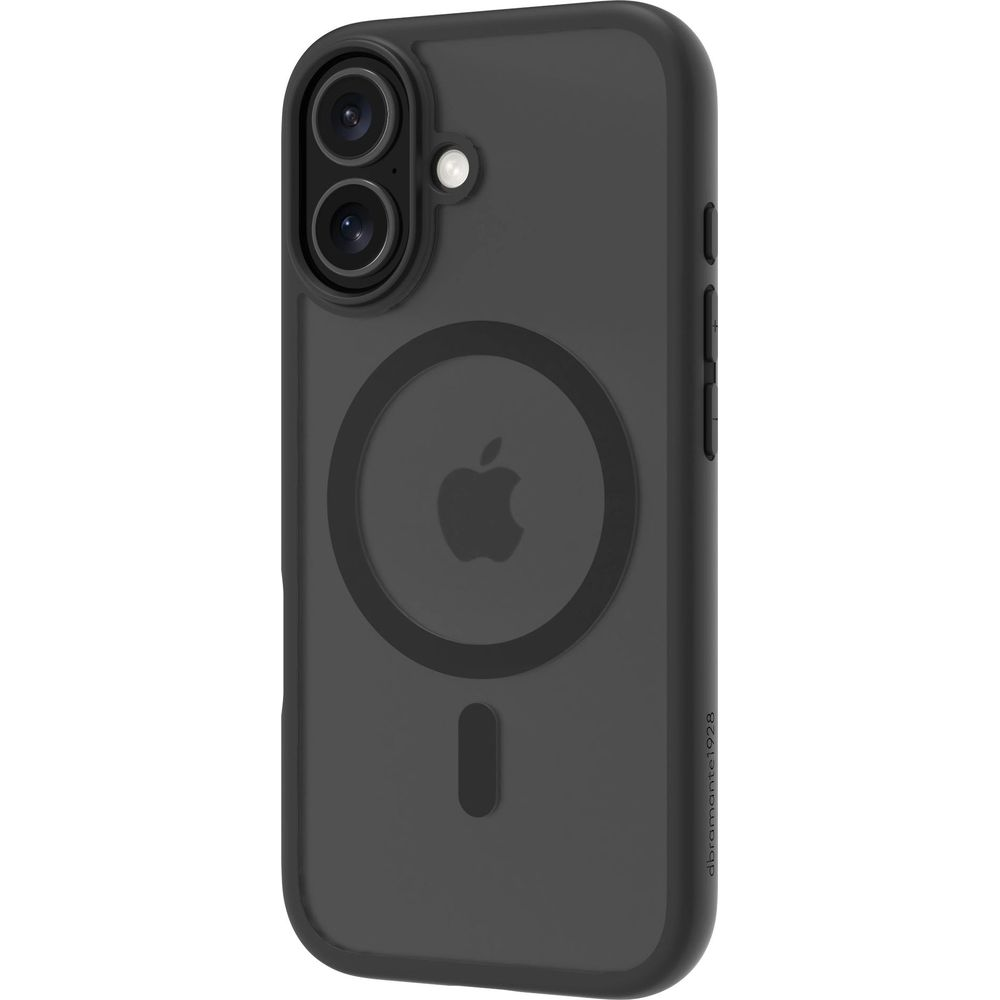 Custodia grigio scuro per telefono con logo Apple e anello MagSafe.