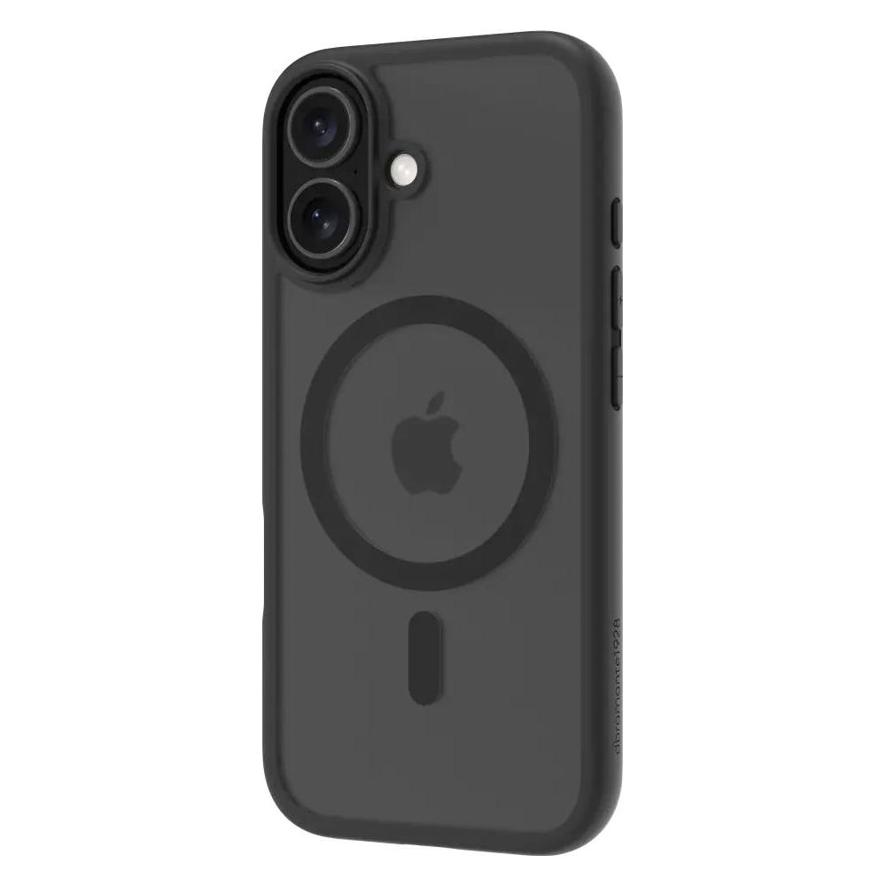 Custodia grigia scura con logo Apple e ritaglio fotocamera.