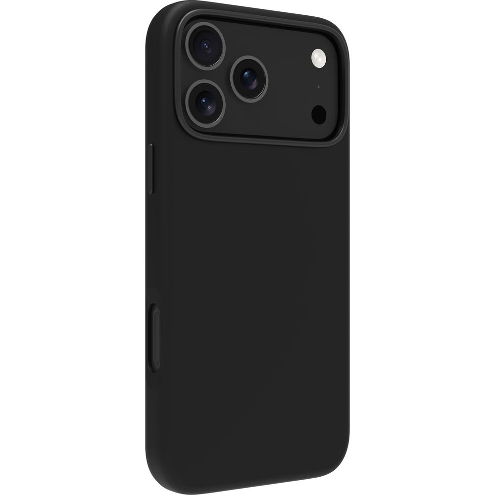 Custodia nera per telefono con tripla fotocamera e flash sul retro.