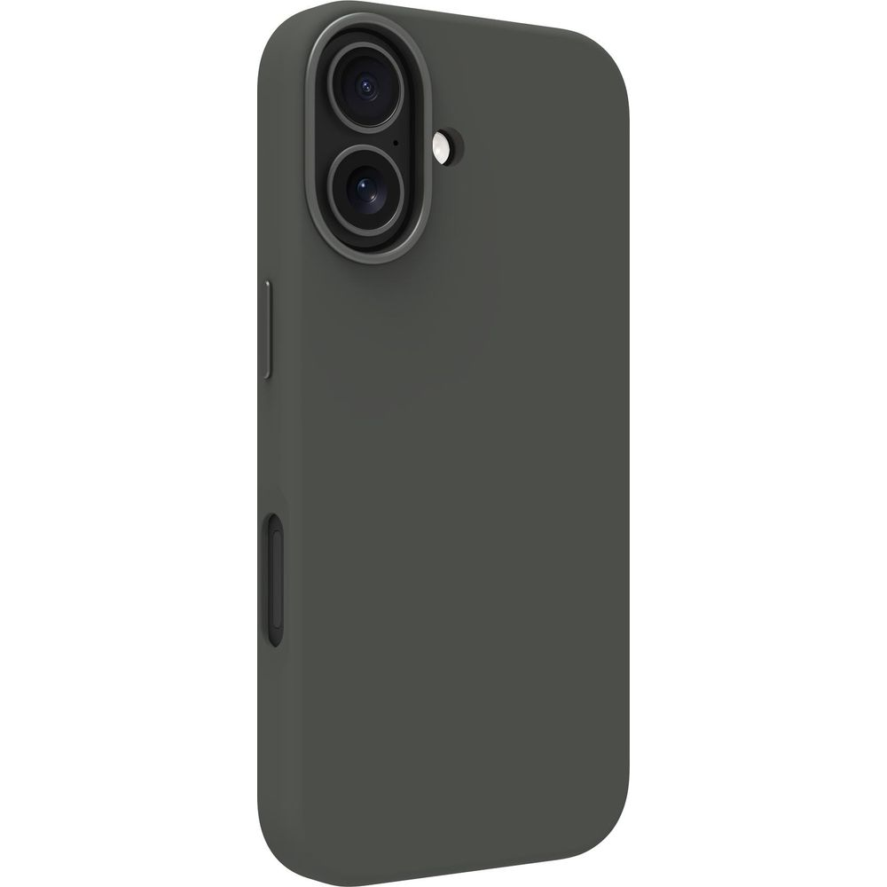 Custodia per telefono grigio scuro con ritaglio fotocamera e pulsanti su sfondo bianco.