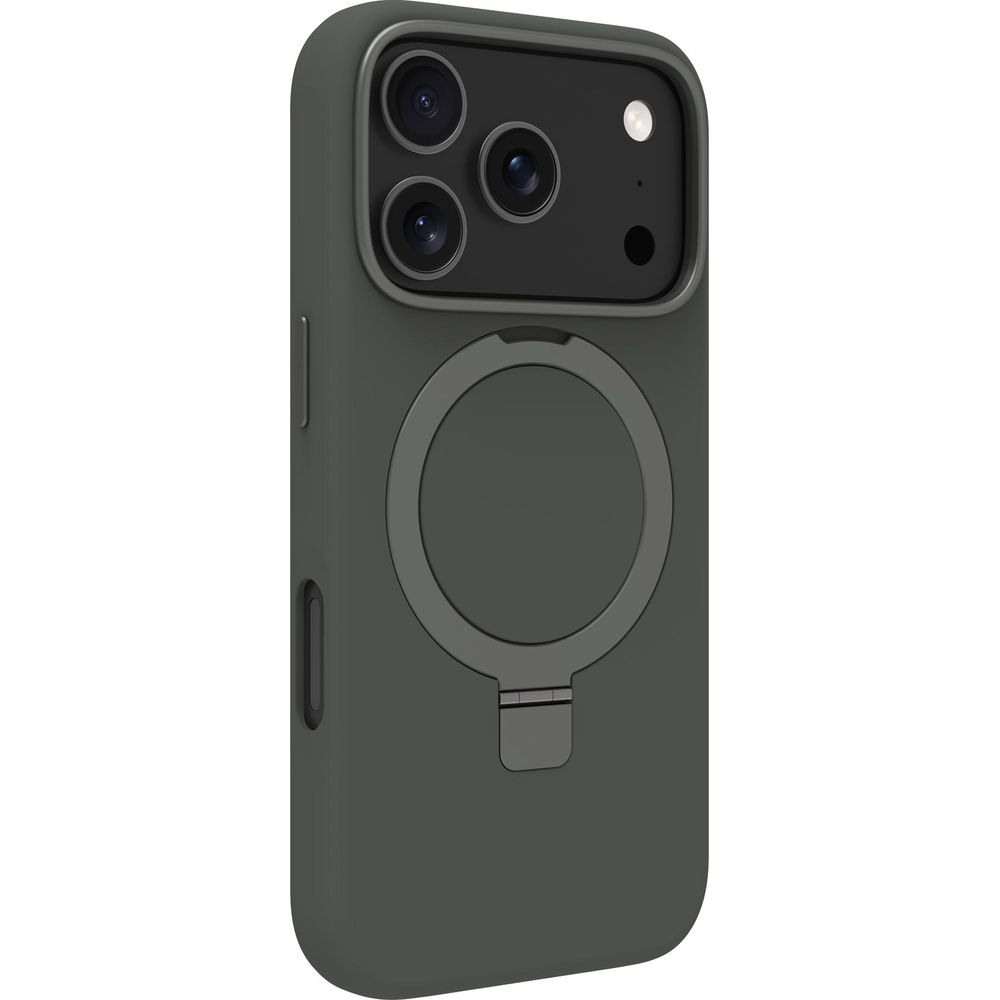 Custodia grigio scuro con modulo fotocamera e anello porta.