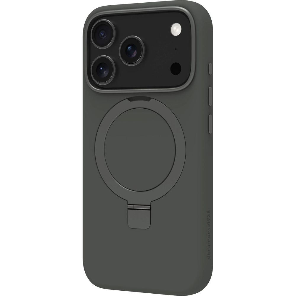 Cover grigio scuro per iPhone con anello di supporto integrato e modulo fotocamera.