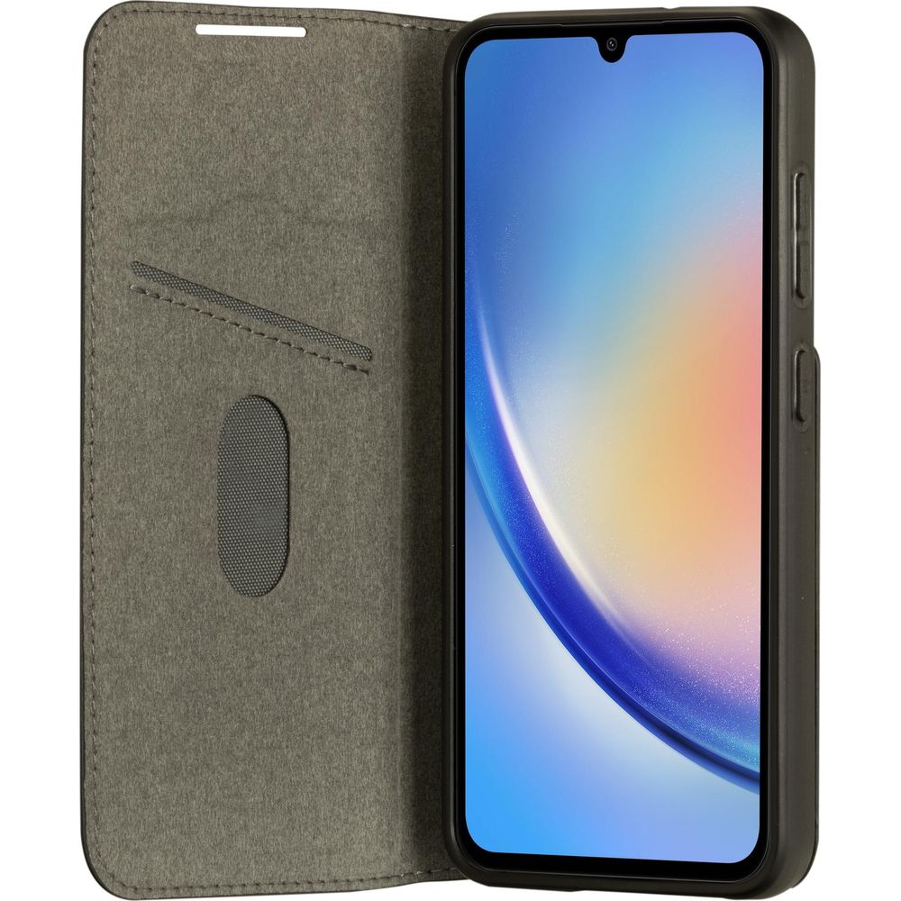 Una custodia a flip grigia per smartphone con la copertina aperta. L'interno ha una tasca.