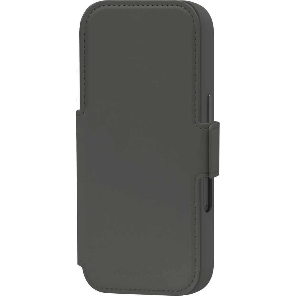 Custodia per telefono in pelle grigio scuro mostrata di lato.