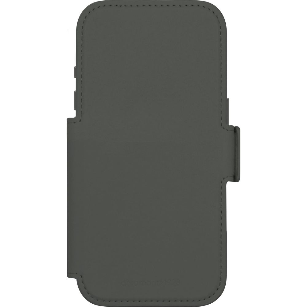 Custodia a libro grigio scuro per iPhone con cuciture. Testo in basso: de.prontale1928.