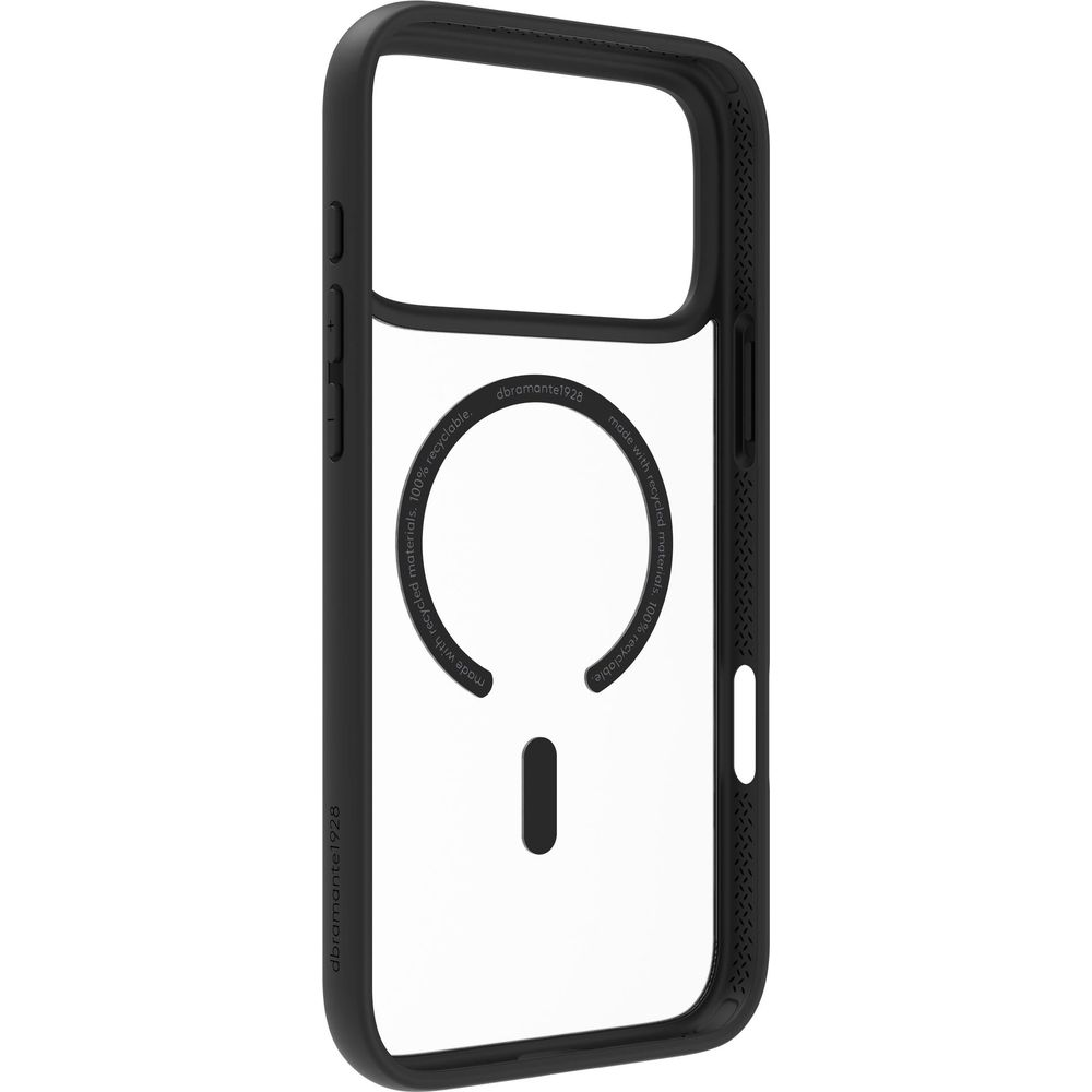 Una cover trasparente per telefono con bordi neri, che mostra un anello magnetico e testo.