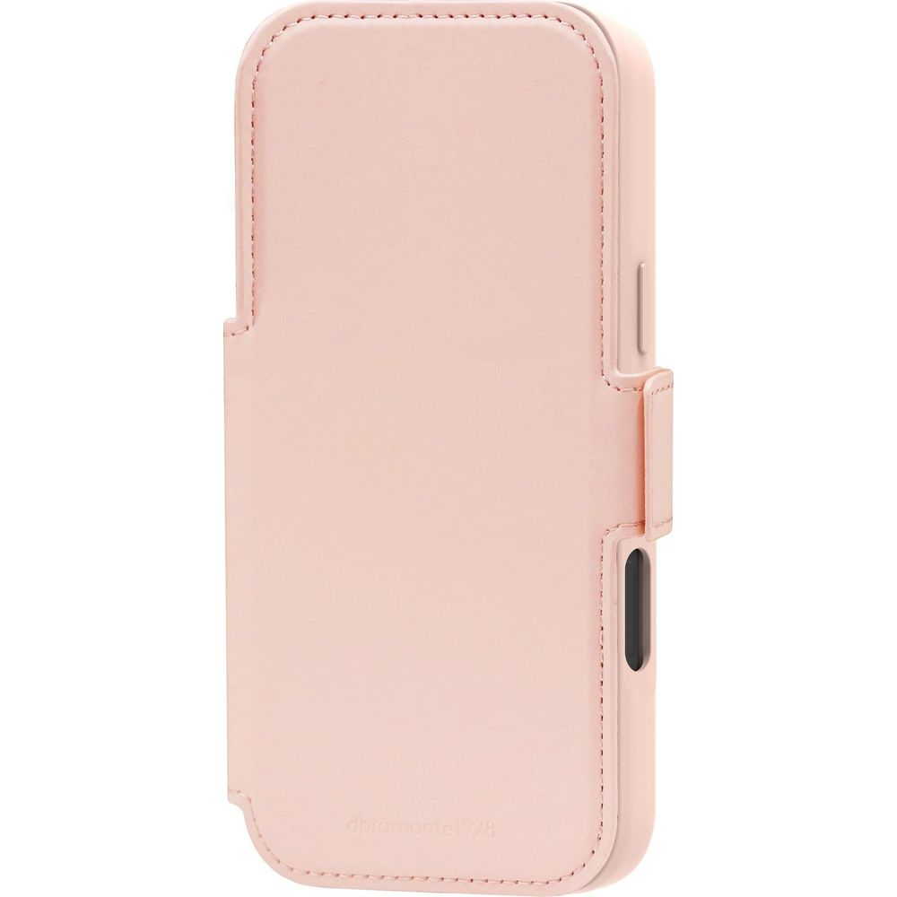 Una custodia per telefono in pelle rosa con cuciture e clip da cintura.
